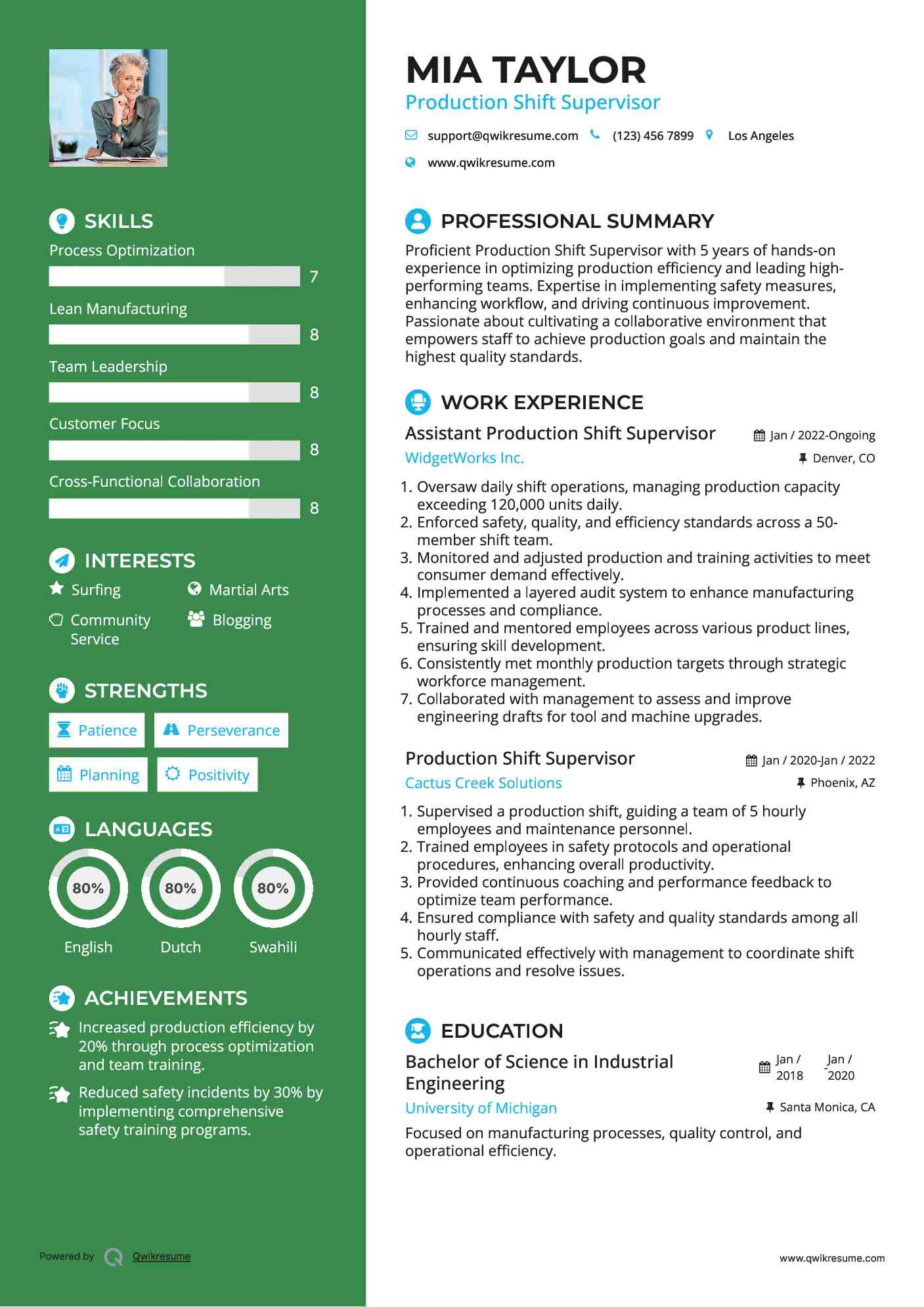 Assistant Production Shift Supervisor Resume Format