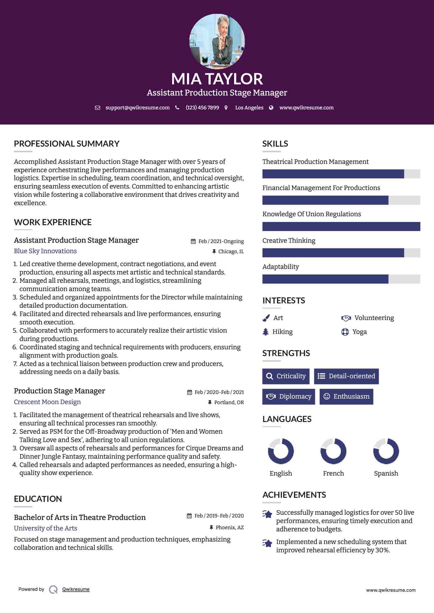 Assistant Production Stage Manager Resume Example