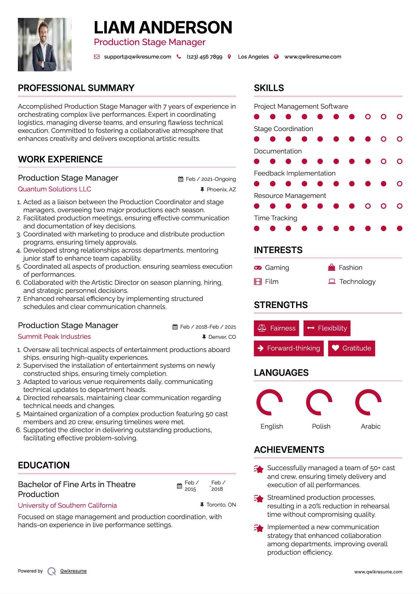 Production Stage Manager Resume Sample