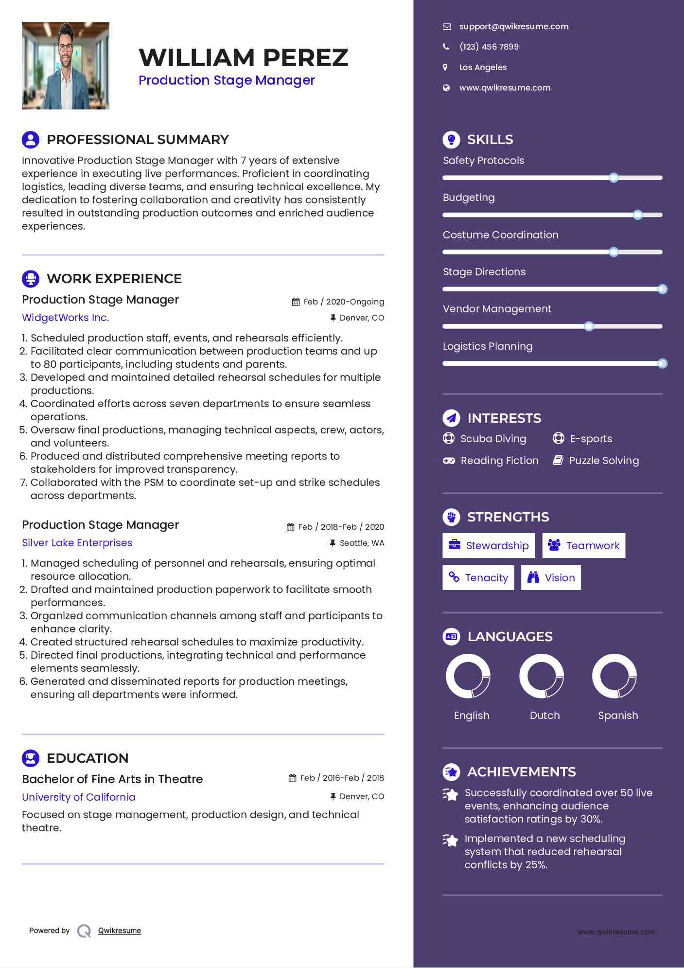 Production Stage Manager Resume Sample