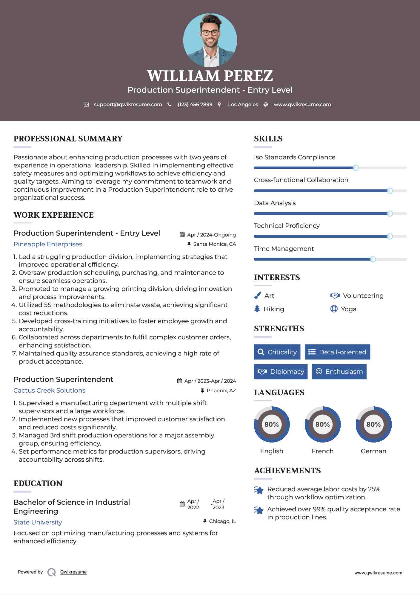 Production Superintendent - Entry Level Resume Model