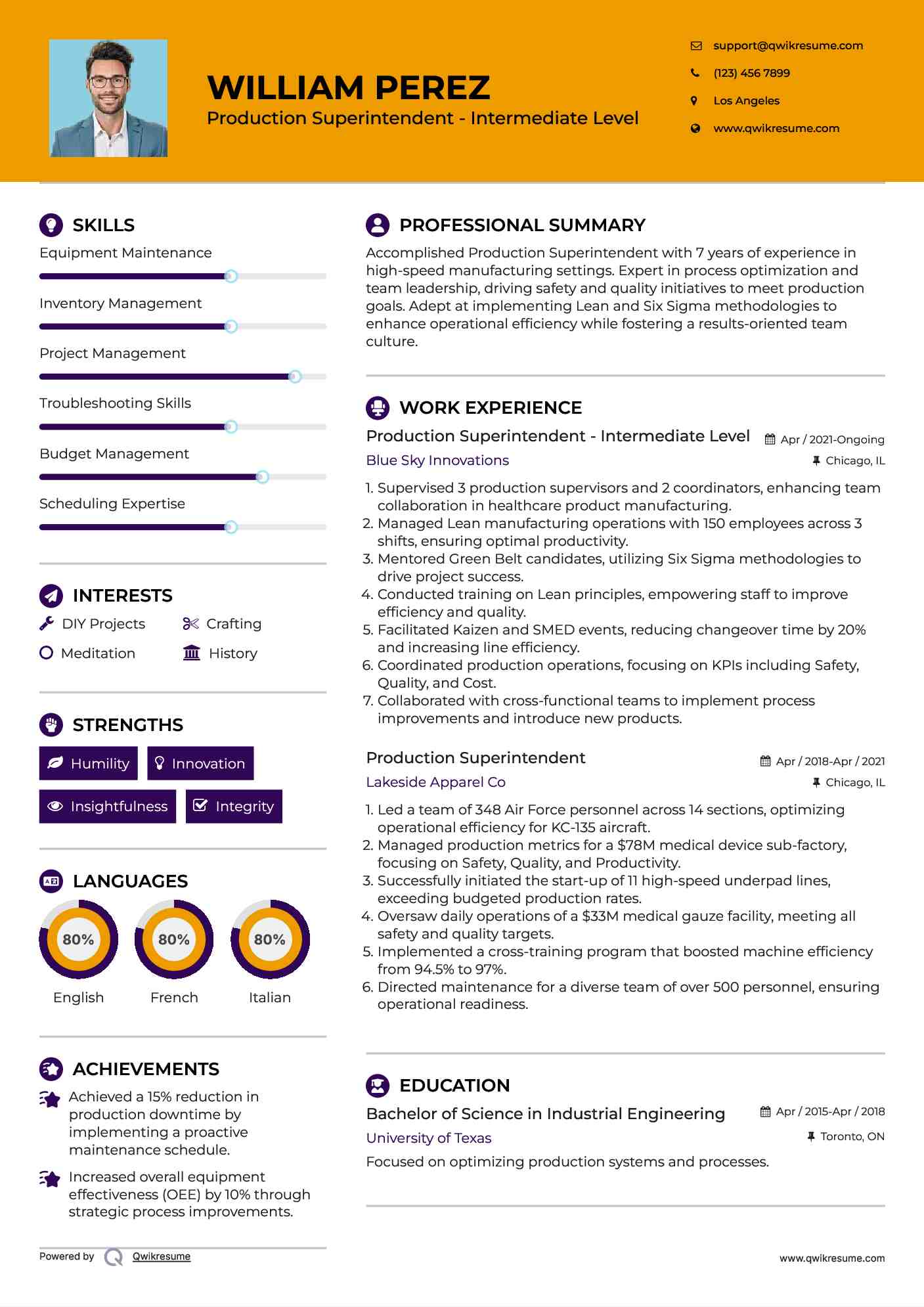 Production Superintendent - Intermediate Level Resume Template