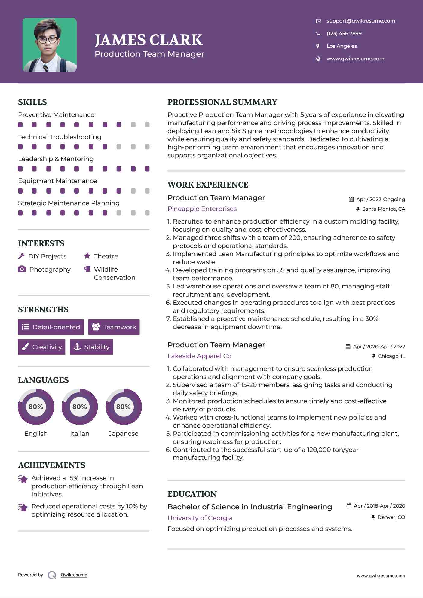 Production Team Manager Resume Example