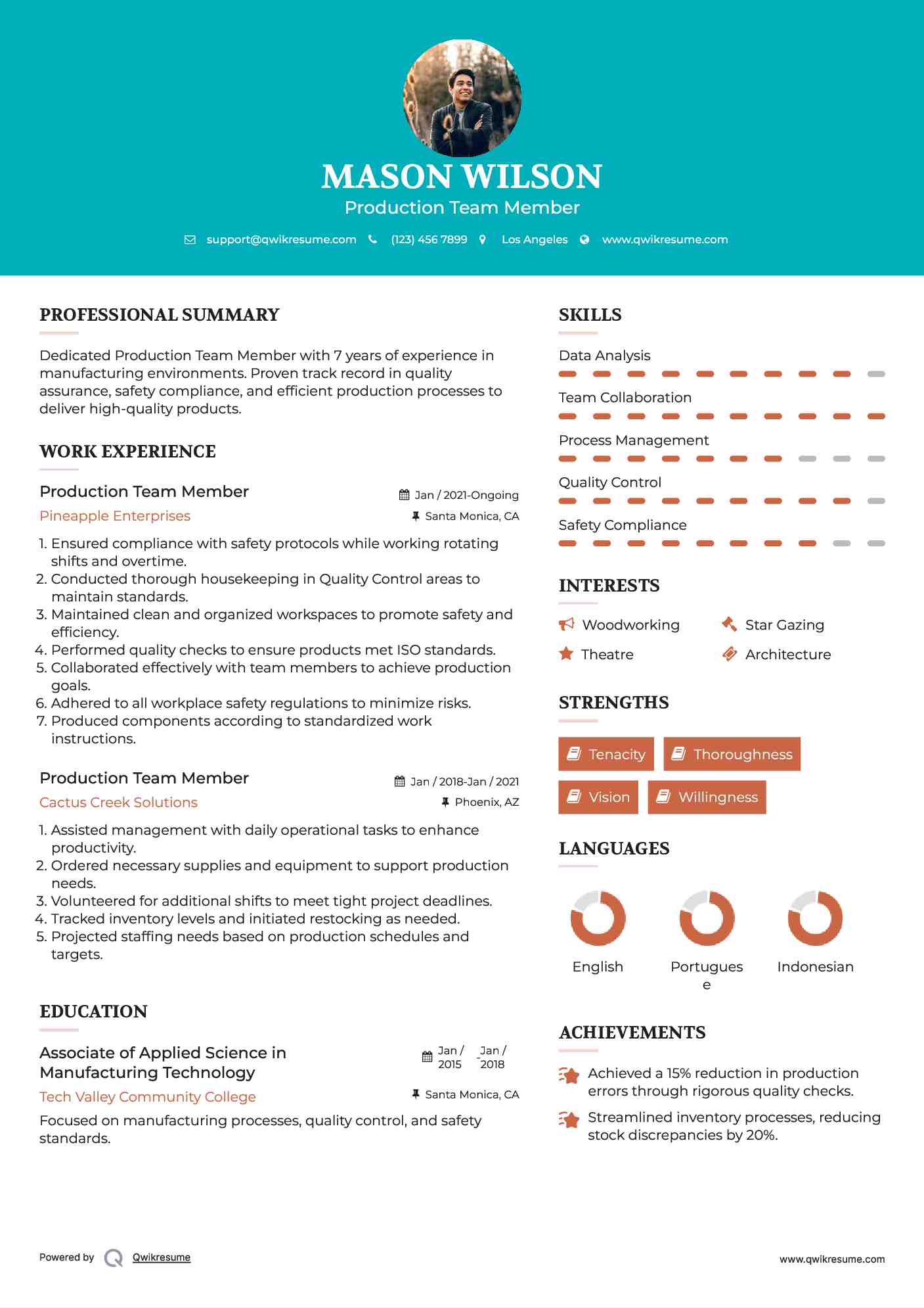 Production Team Member Resume Sample