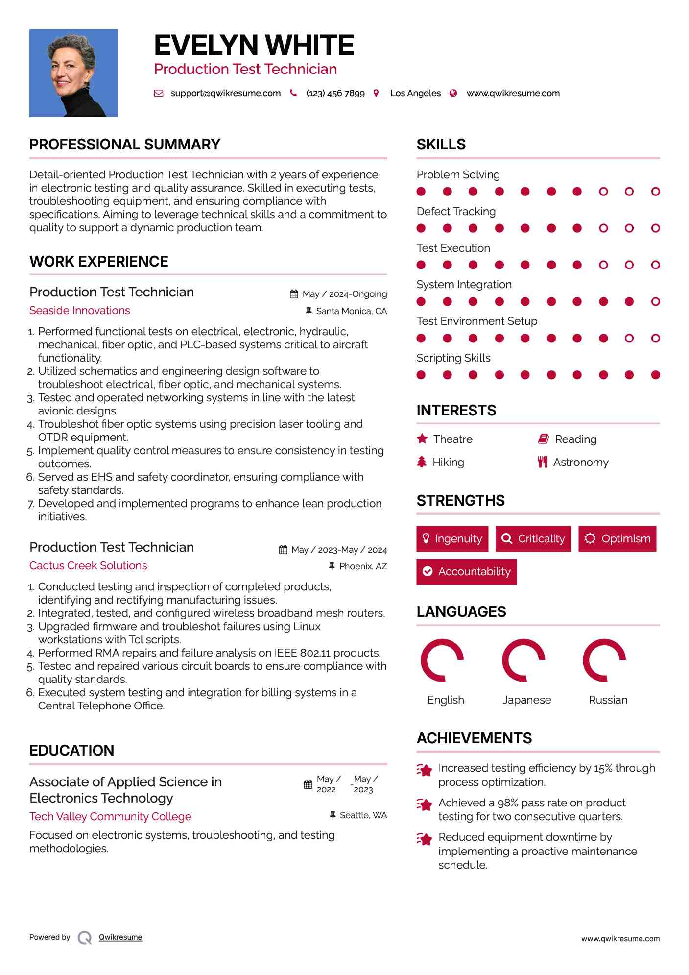 Production Test Technician Resume Format