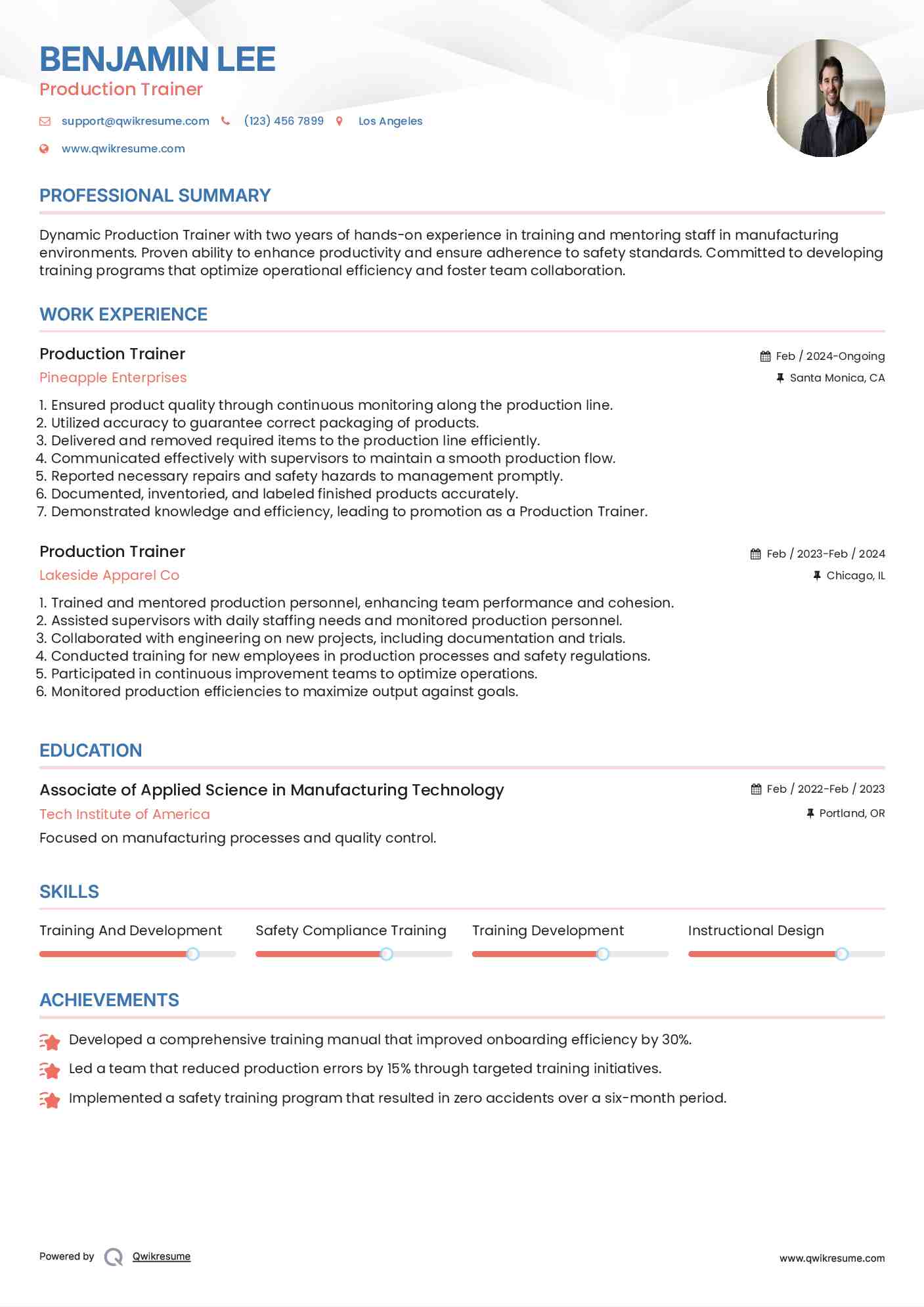 Production Trainer Resume Example