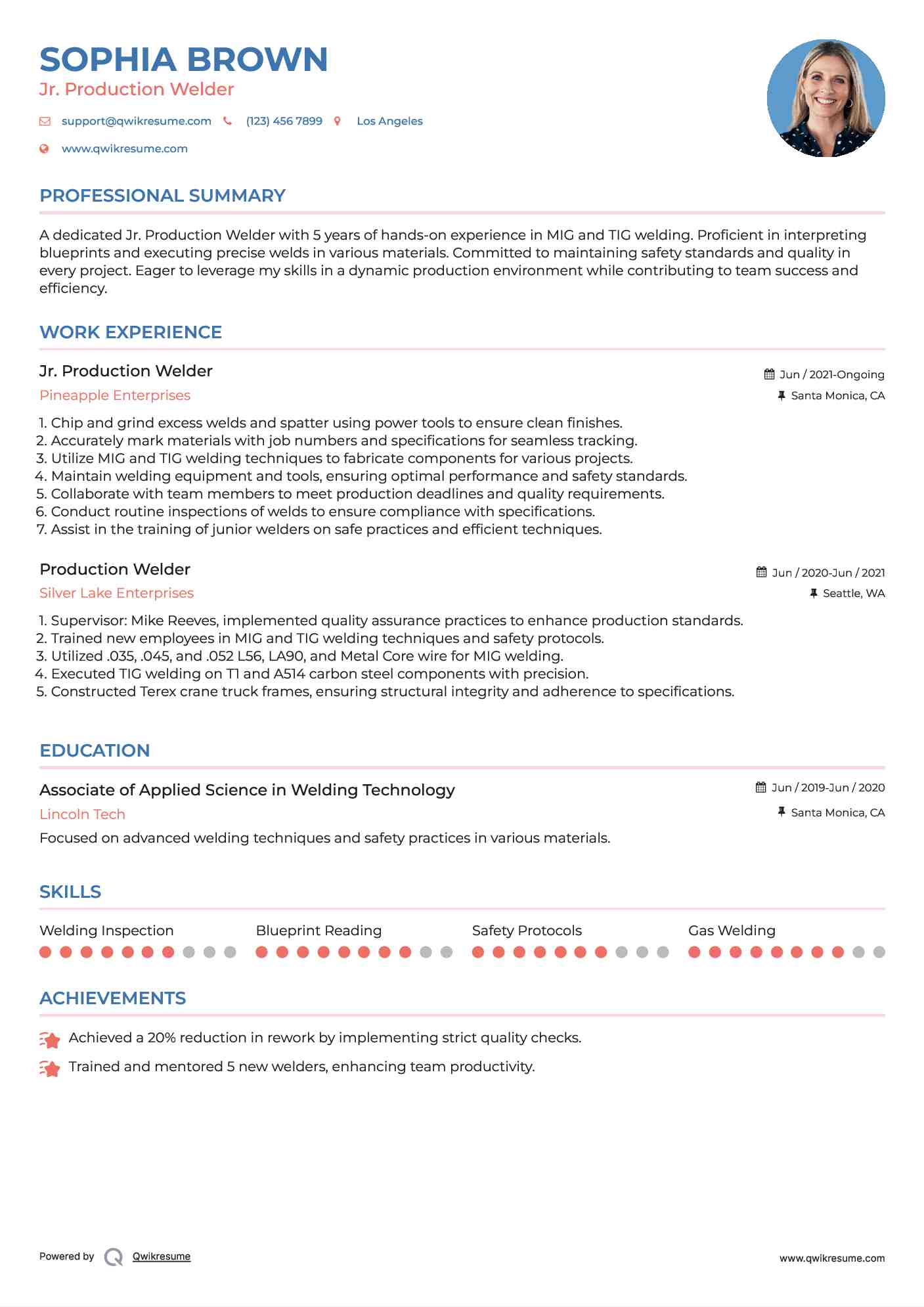 Jr. Production Welder Resume Model