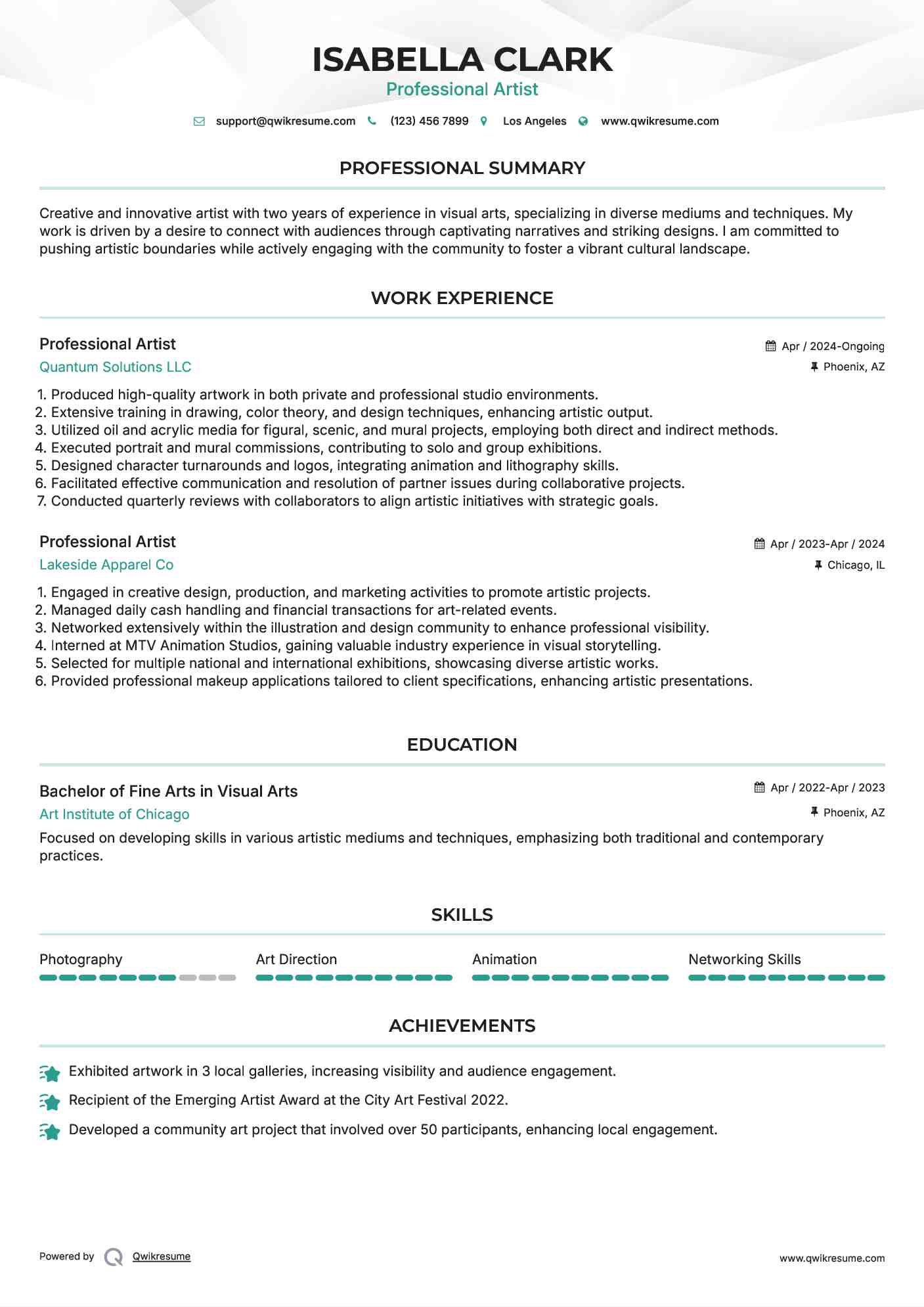 Professional Artist Resume Format