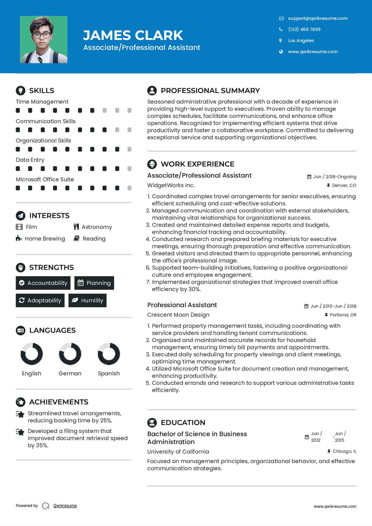 Associate/Professional Assistant Resume Example