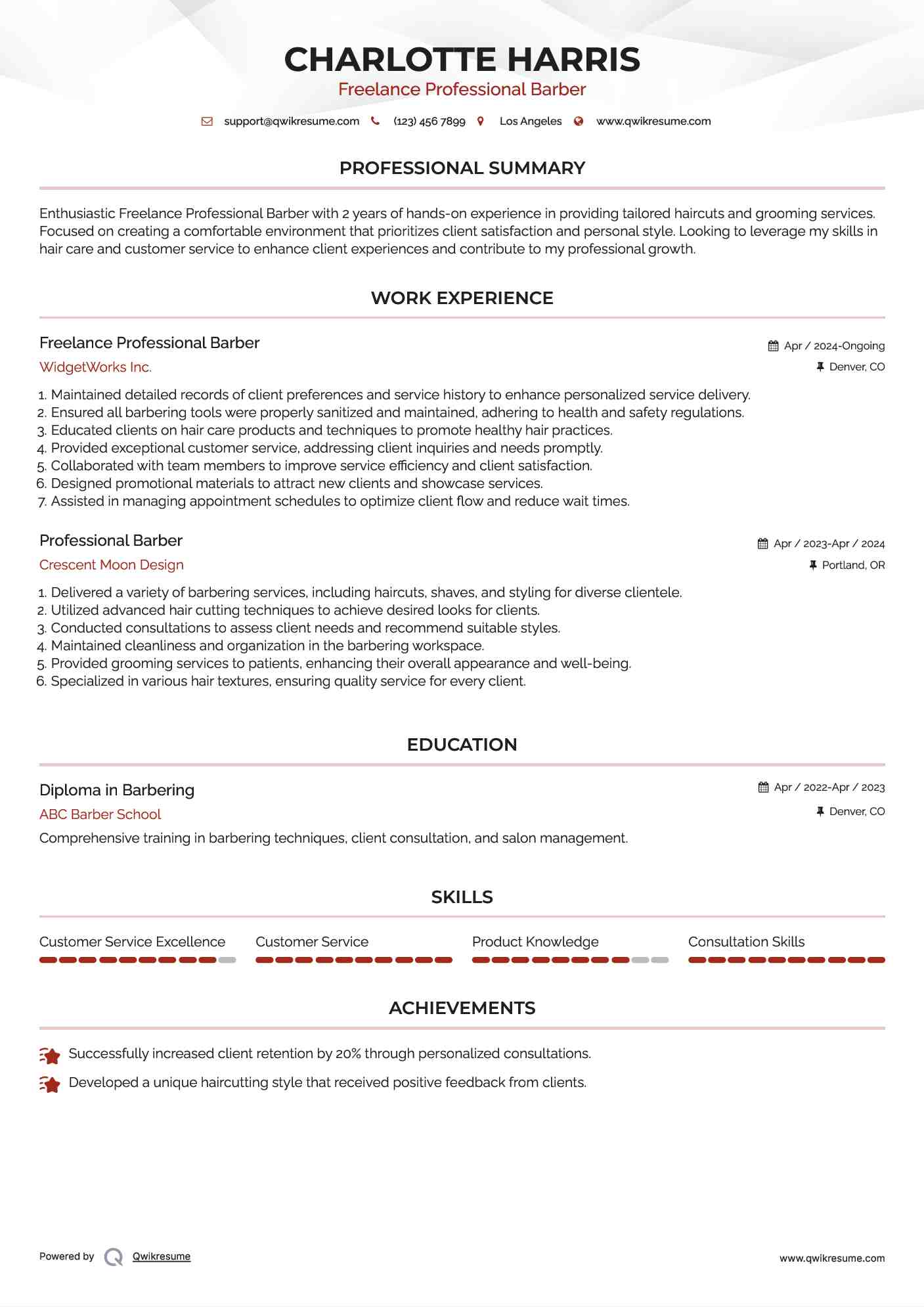 Freelance Professional Barber Resume Example