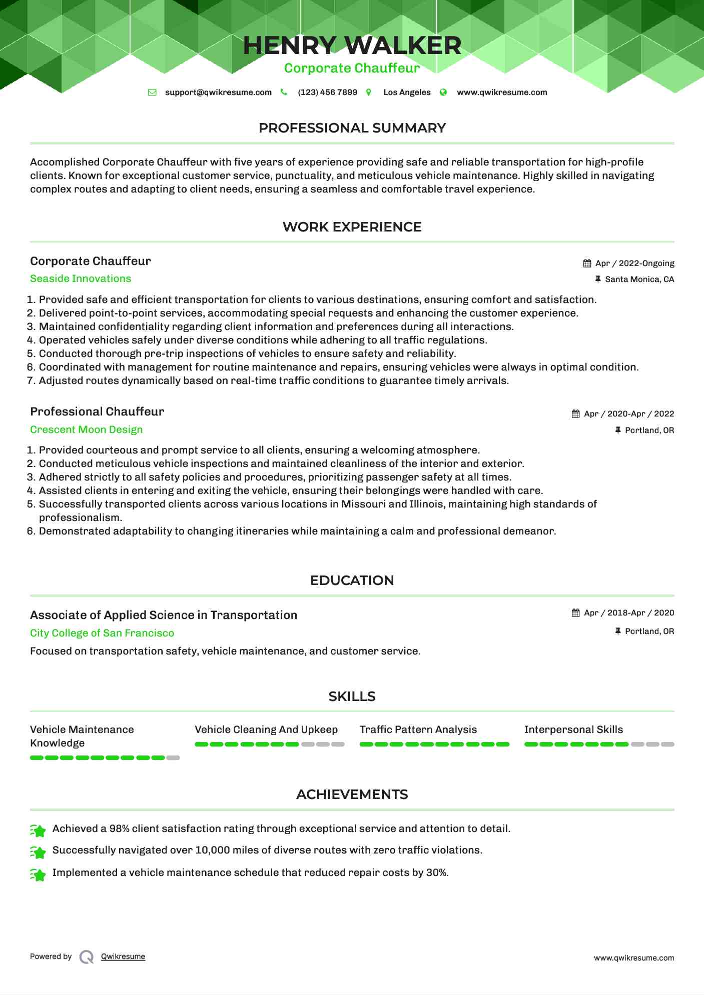 Corporate Chauffeur Resume Sample