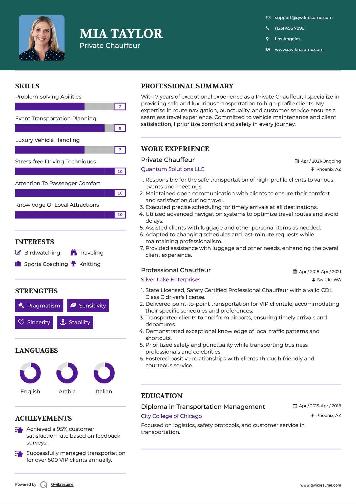 Professional Chauffeur Resume Samples QwikResume