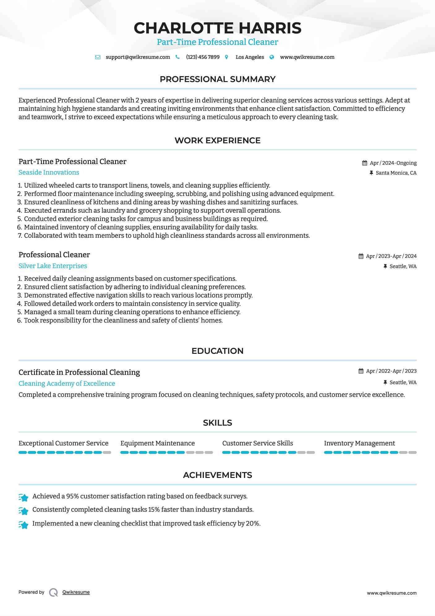 Part-Time Professional Cleaner Resume Sample