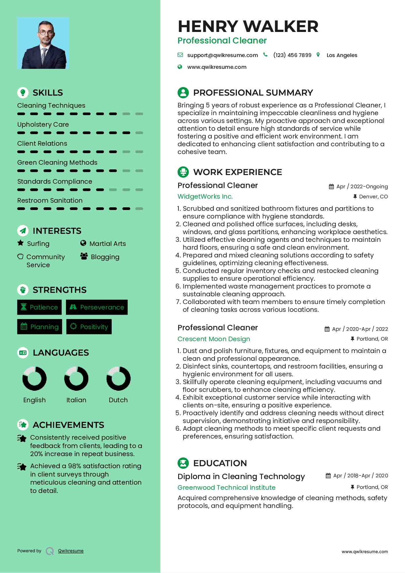 Professional Cleaner Resume Format