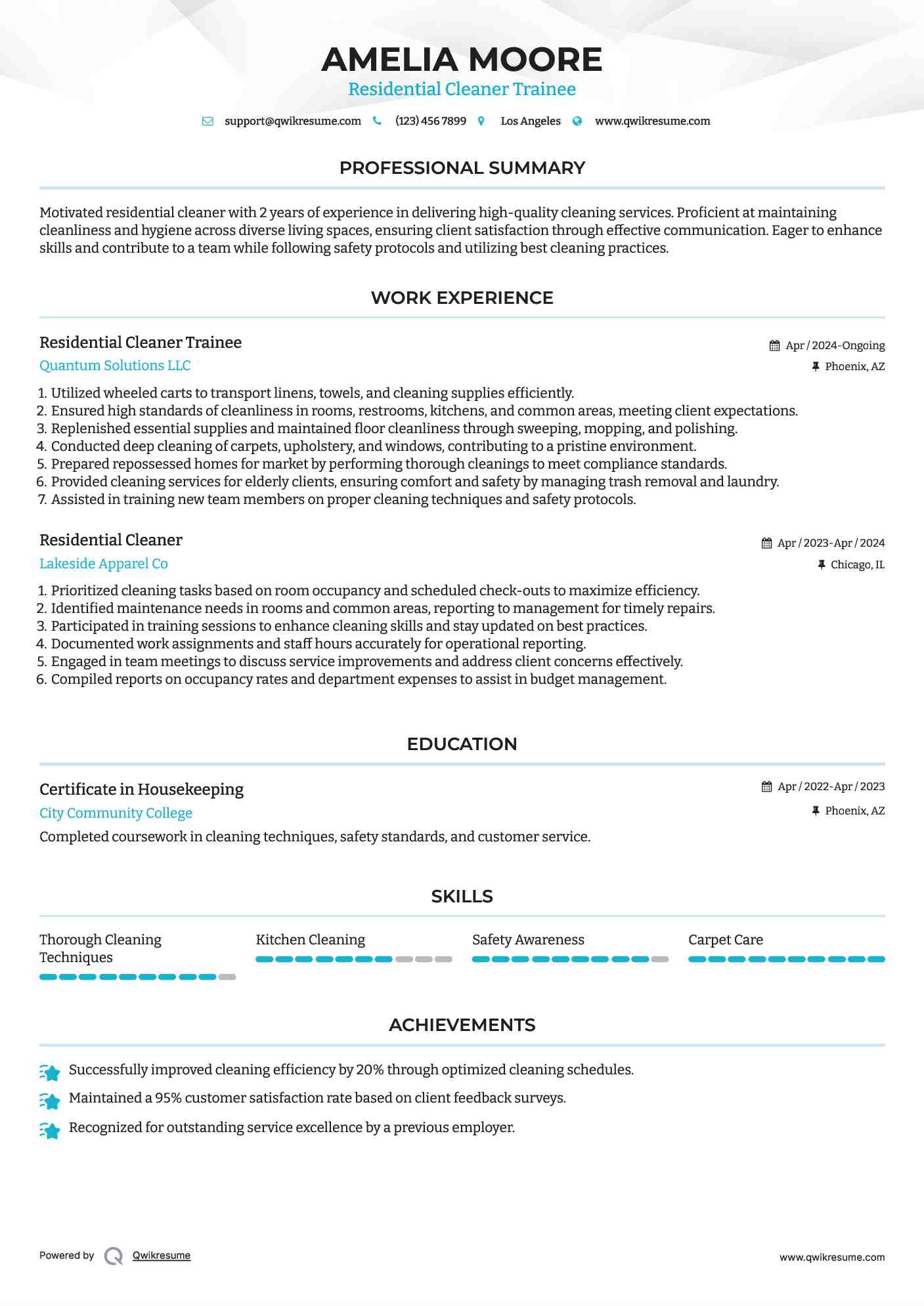 Residential Cleaner Trainee Resume Model