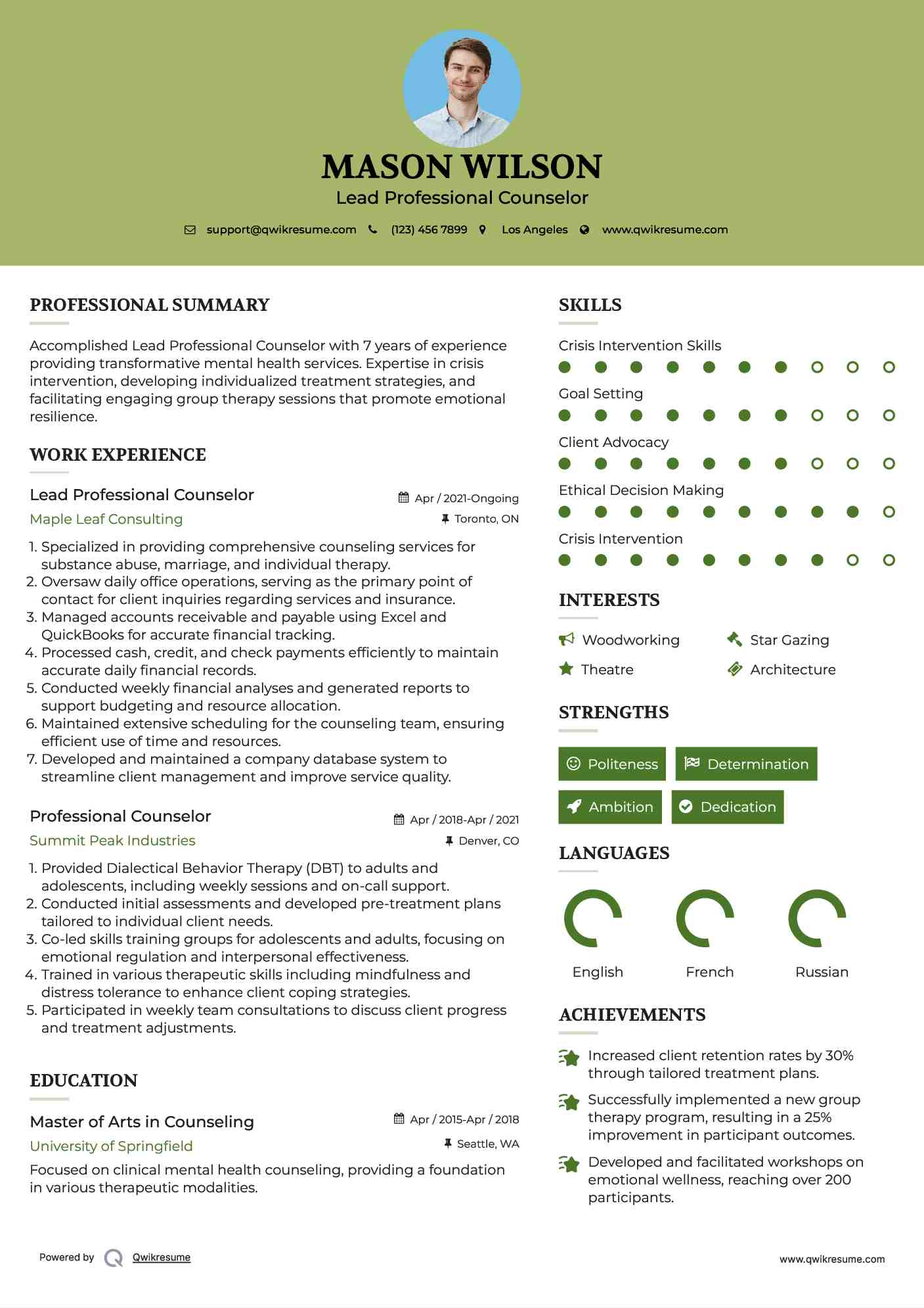 Lead Professional Counselor Resume Sample