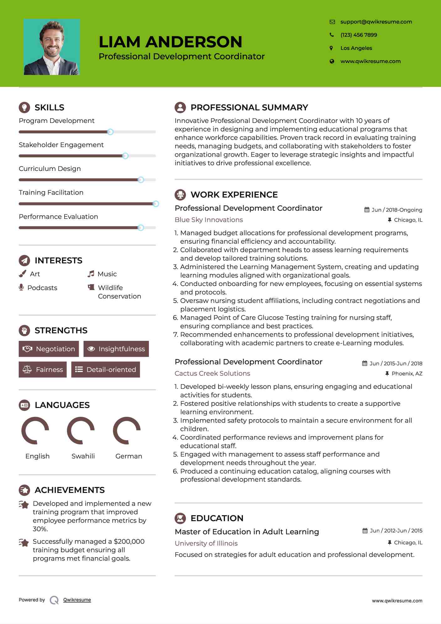 Professional Development Coordinator Resume Sample