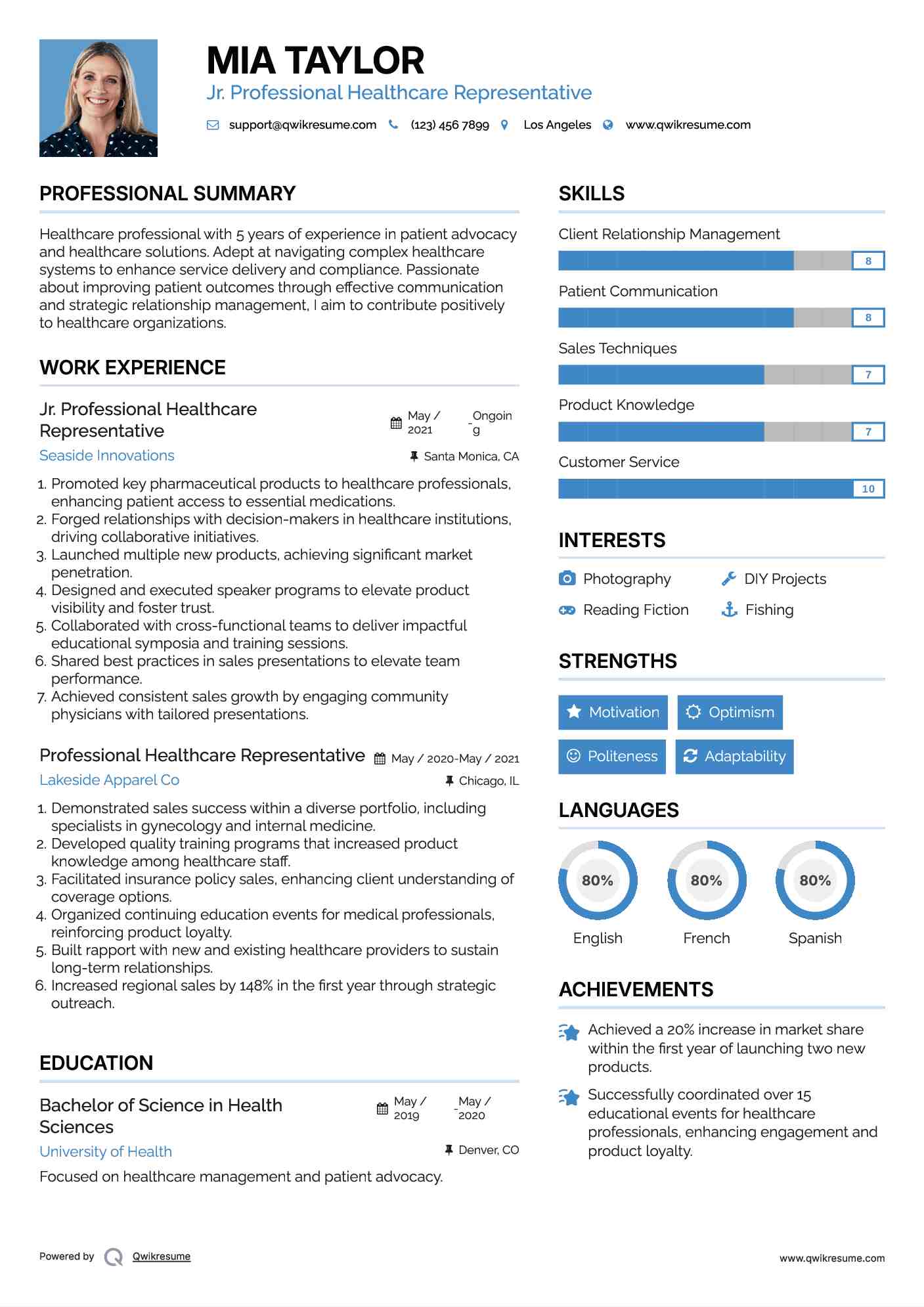 Jr. Professional Healthcare Representative Resume Sample