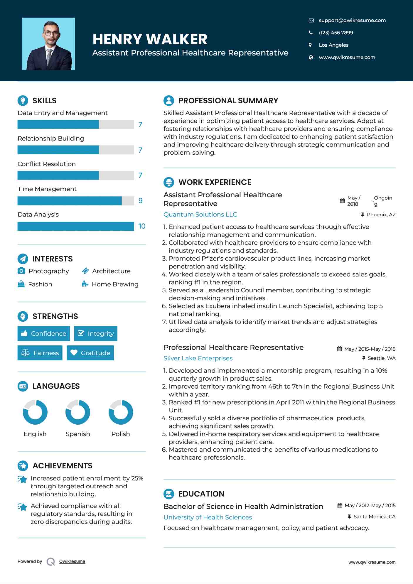 Assistant Professional Healthcare Representative Resume Sample