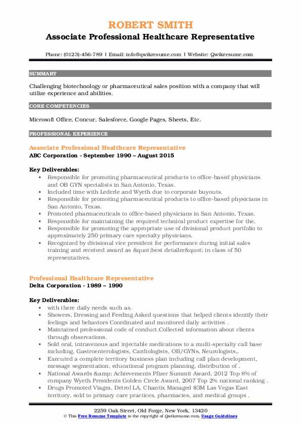 Professional Healthcare Representative Resume Samples QwikResume