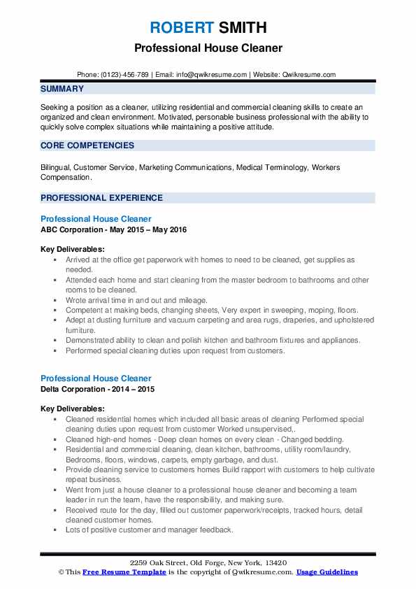 Professional House Cleaner Resume Samples QwikResume