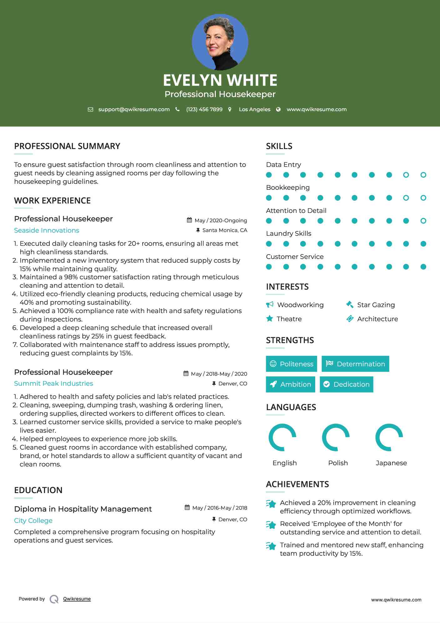 Professional Housekeeper Resume Template