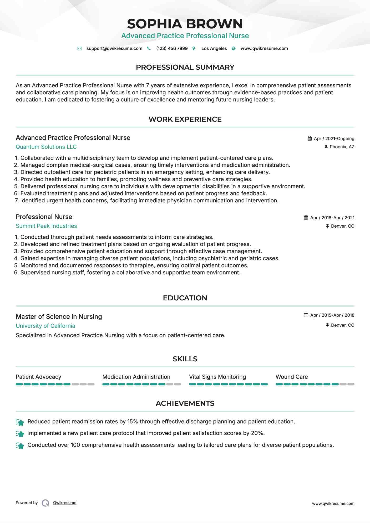 Advanced Practice Professional Nurse Resume Example