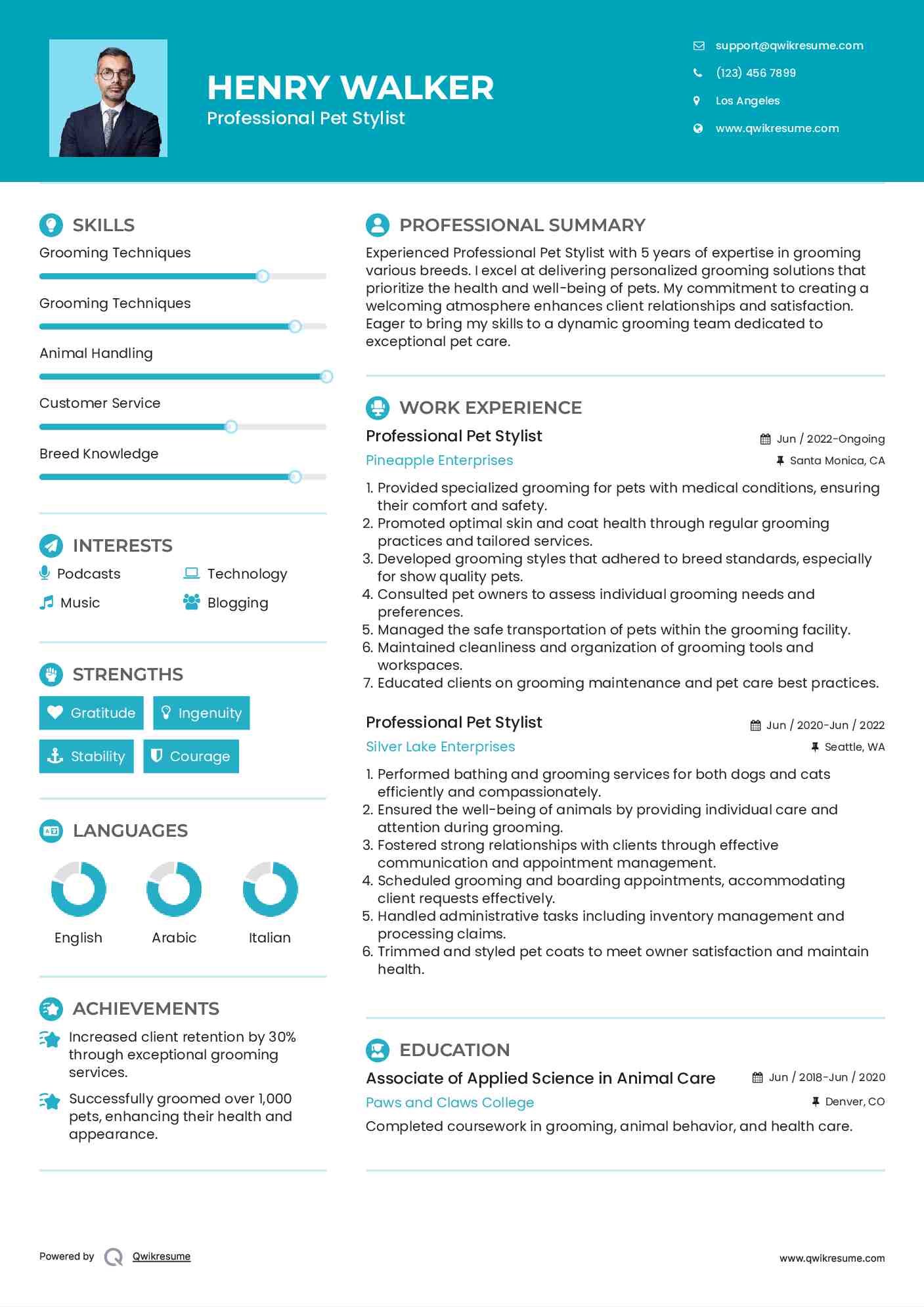 Professional Pet Stylist Resume Model