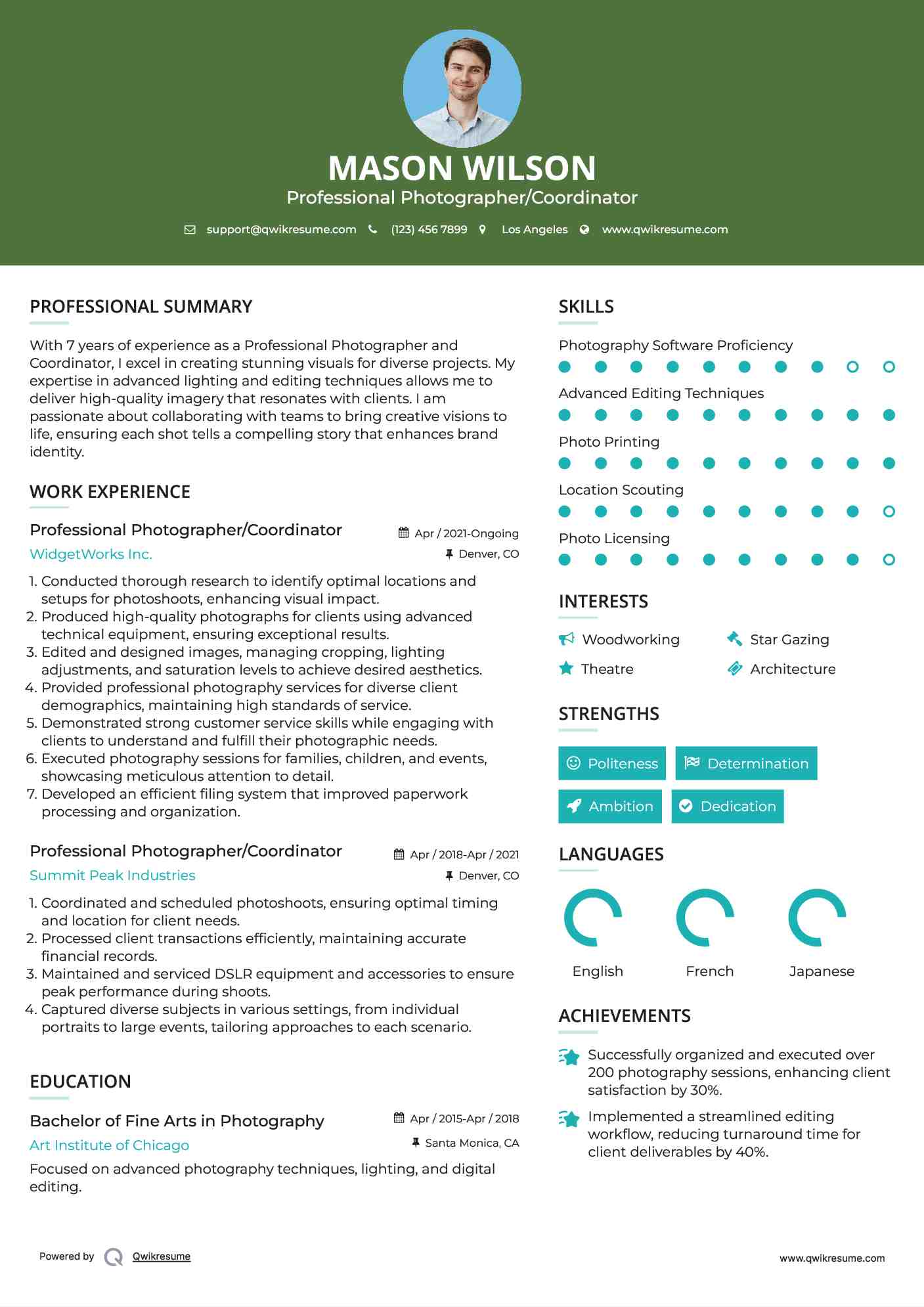 Professional Photographer/Coordinator Resume Sample