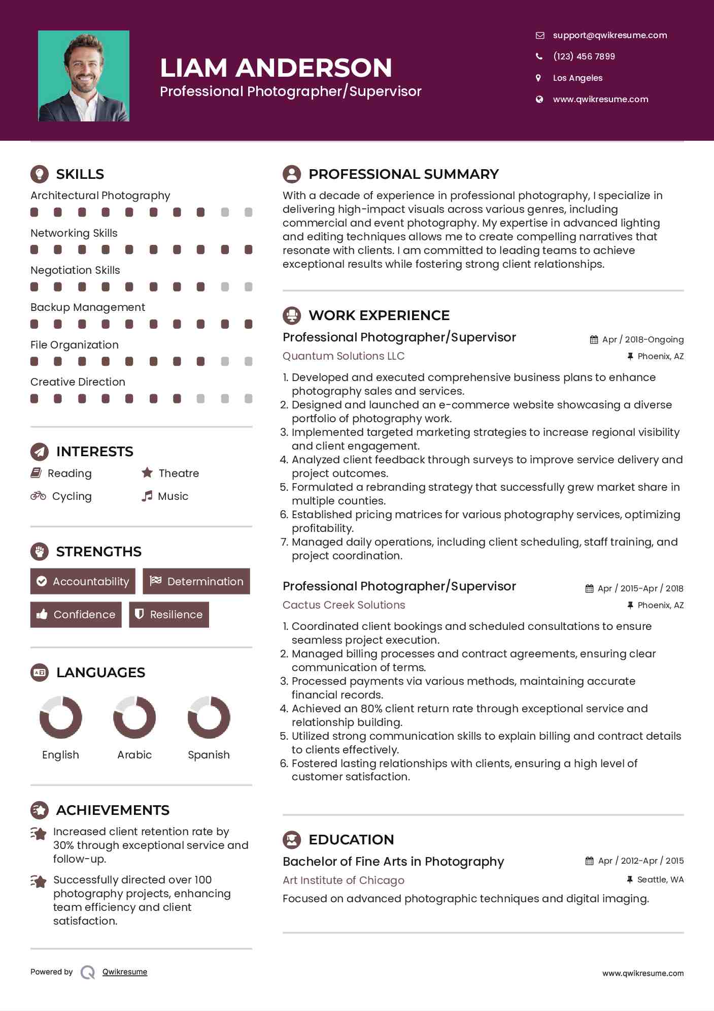 Professional Photographer/Supervisor Resume Format