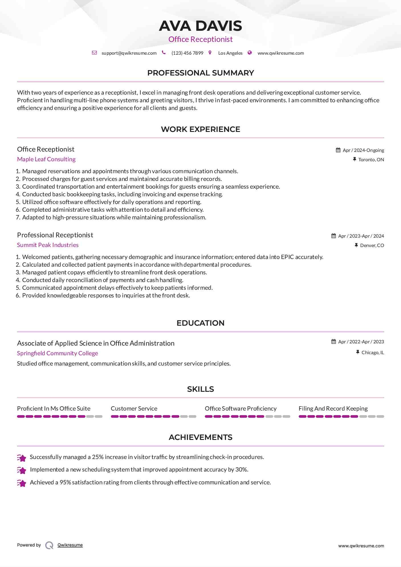 Office Receptionist Resume Format