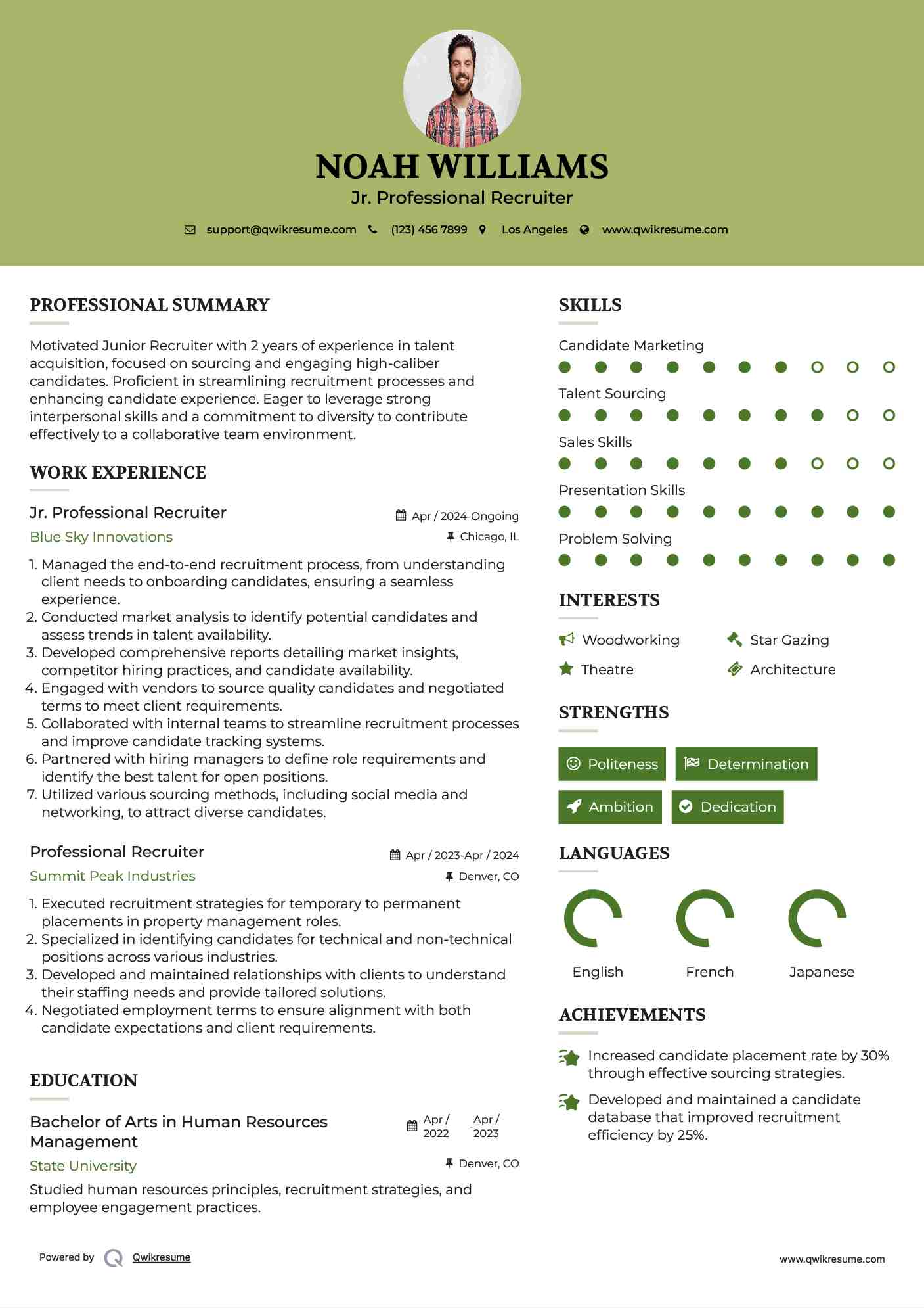 Jr. Professional Recruiter Resume Sample