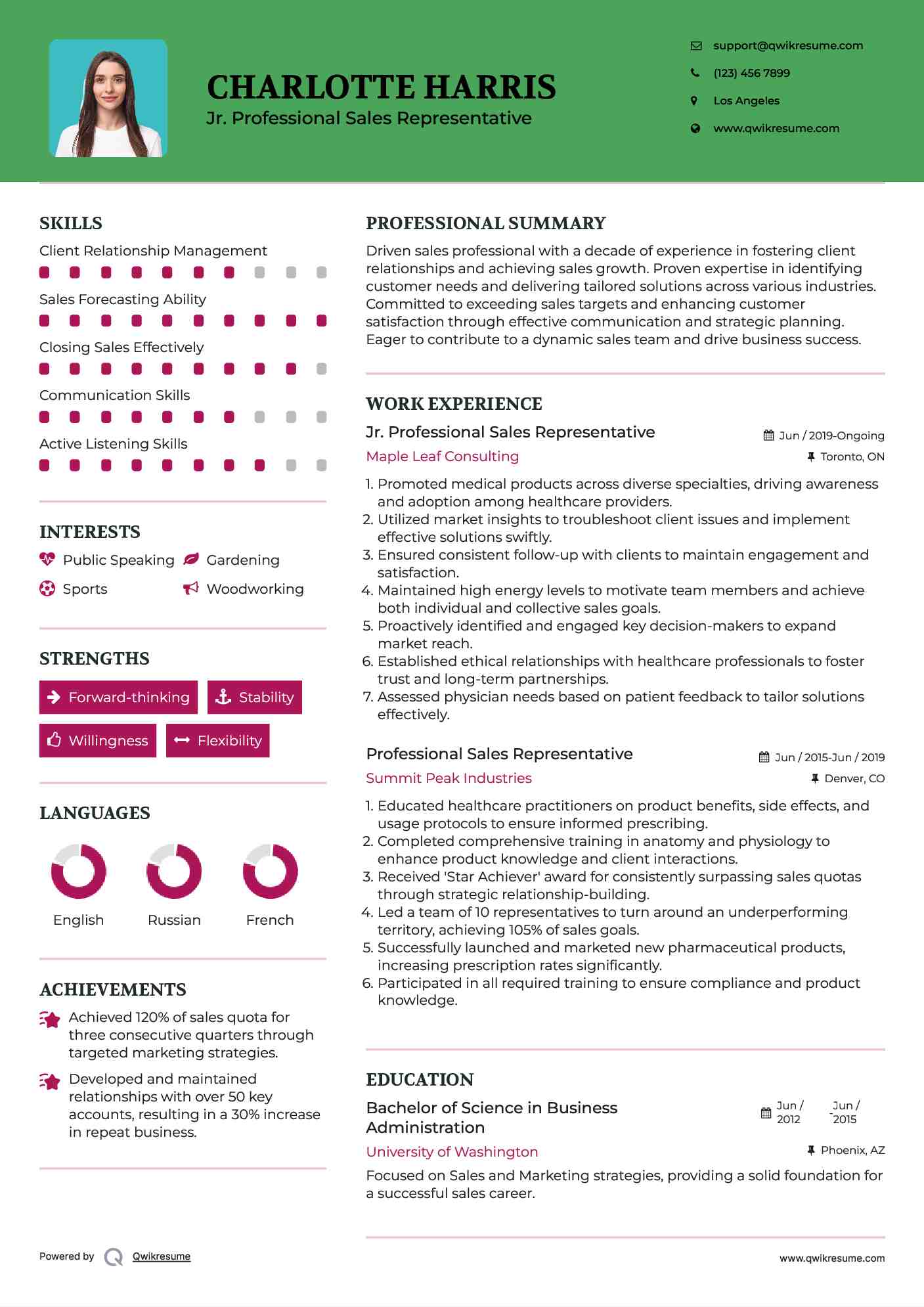 Jr. Professional Sales Representative Resume Model