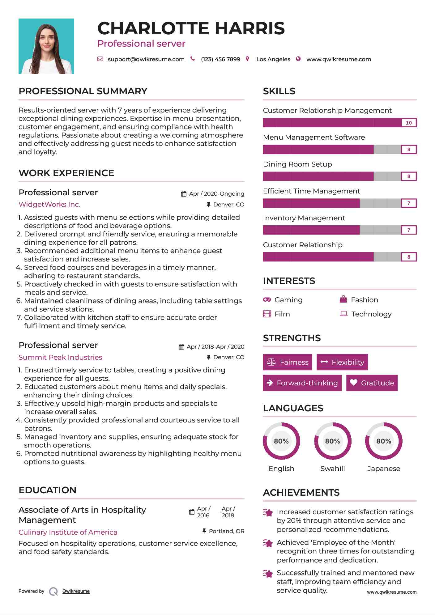 Professional server Resume Model