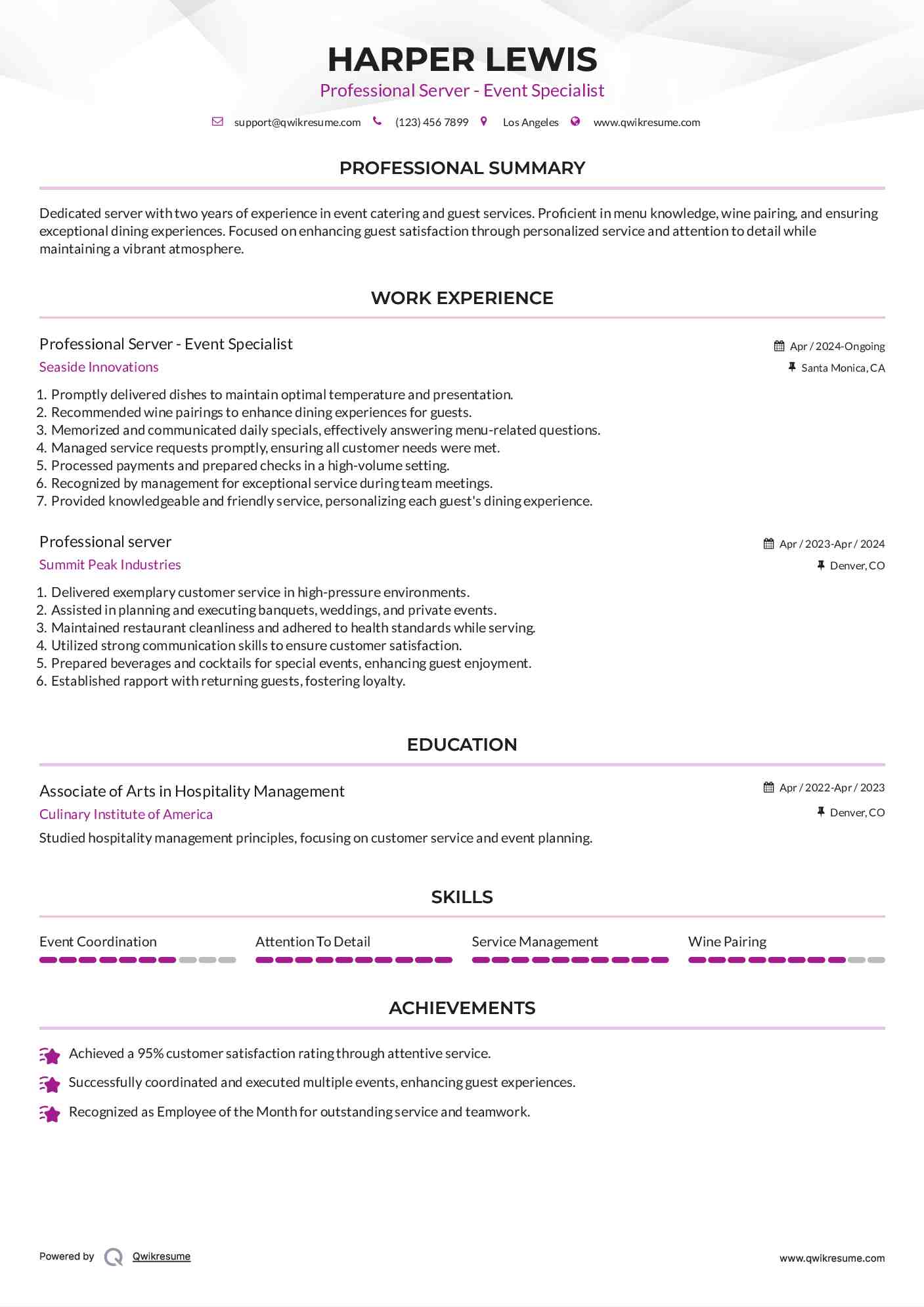 Professional Server - Event Specialist Resume Sample