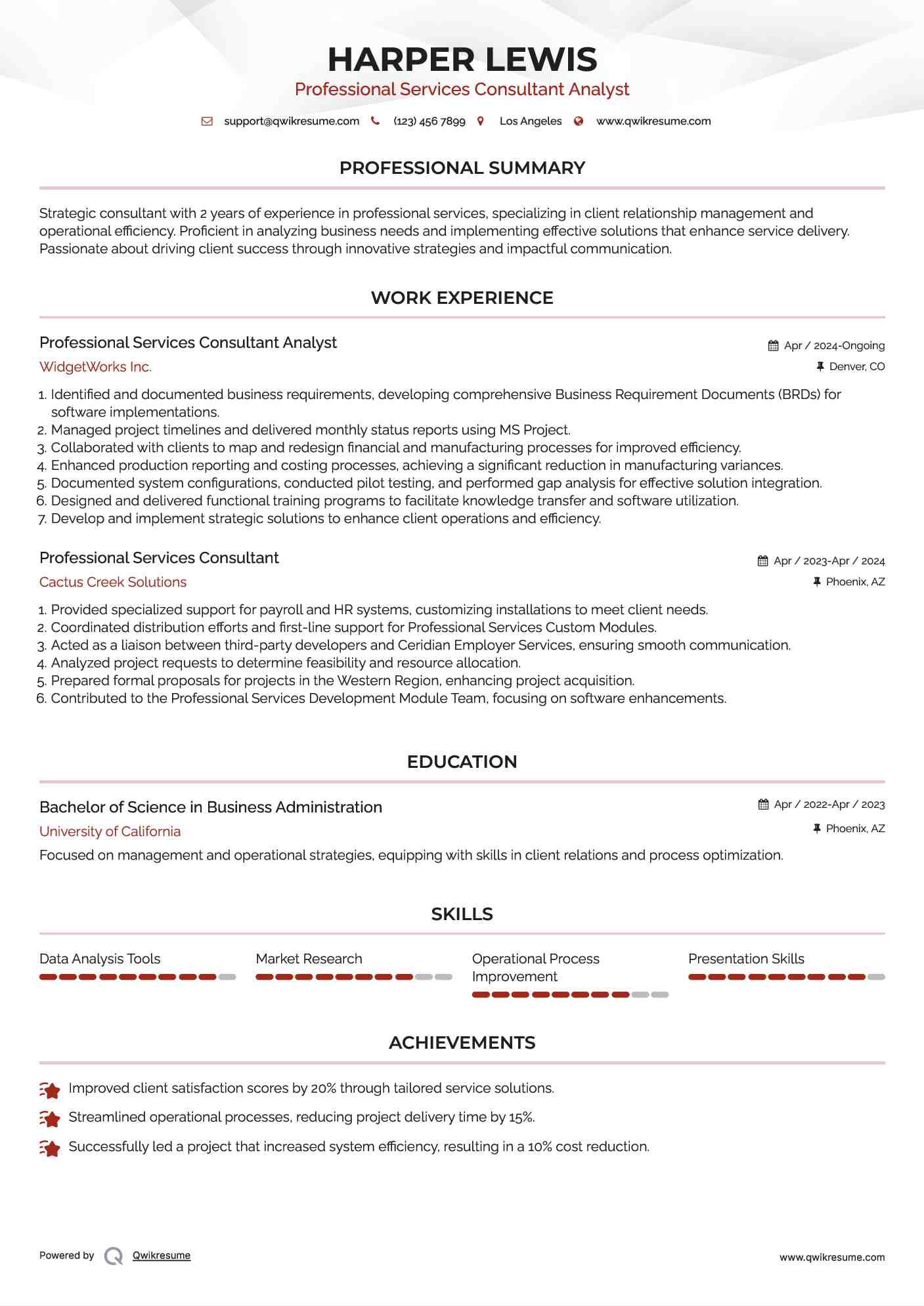Professional Services Consultant Analyst Resume Format