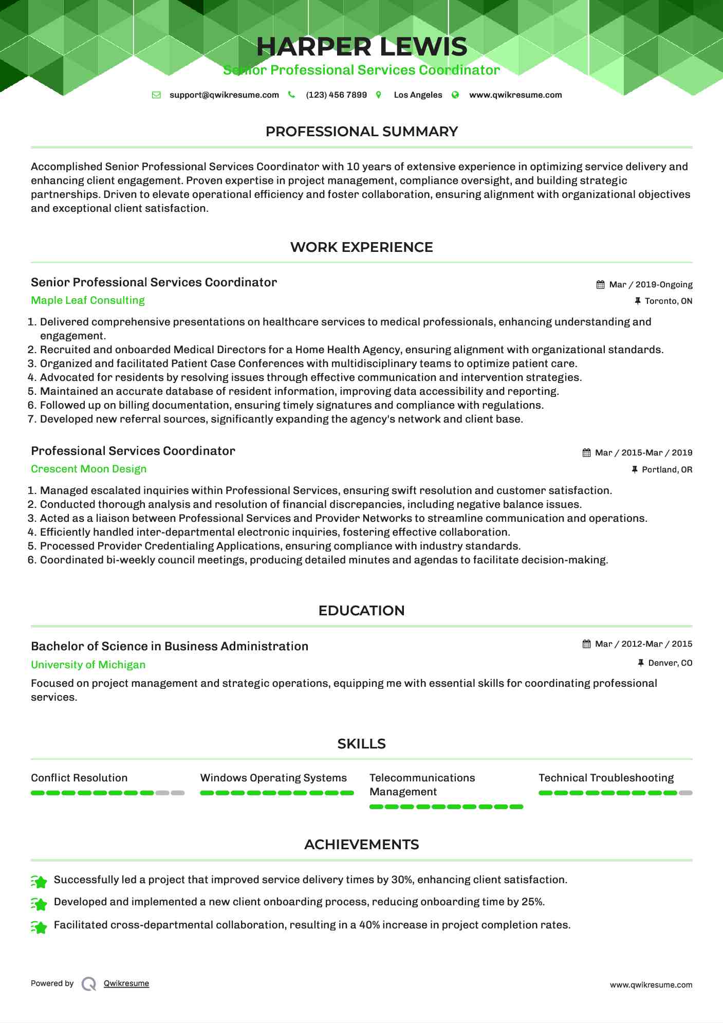 Senior Professional Services Coordinator Resume Model