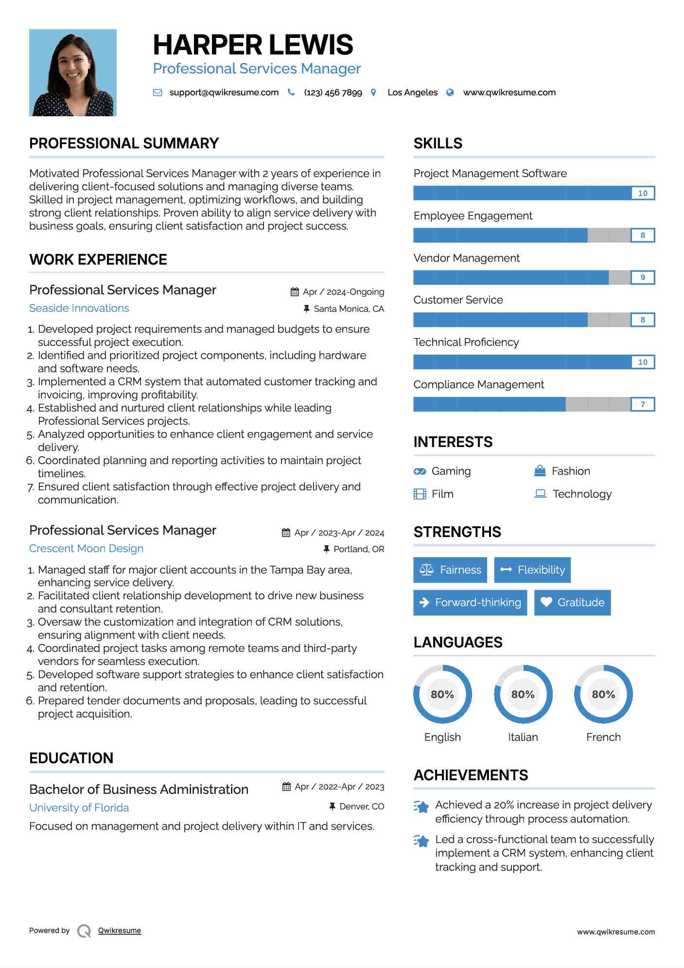 Professional Services Manager Resume Example