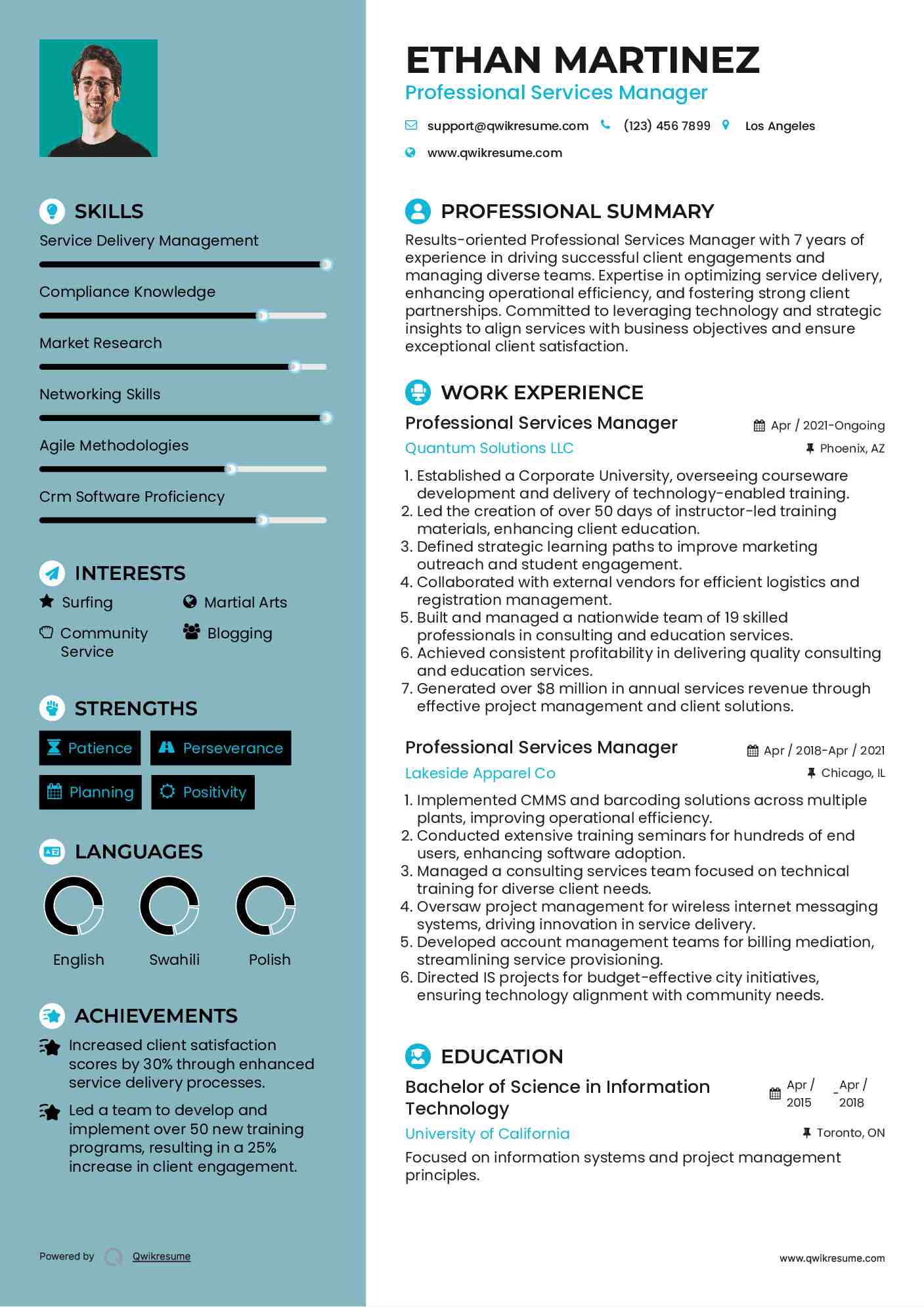 Professional Services Manager Resume Sample