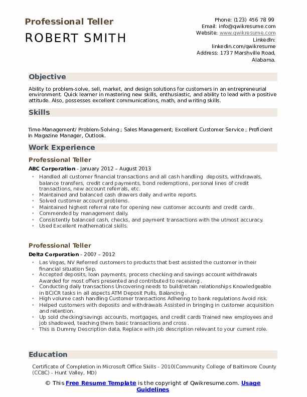 Professional Teller Resume Samples QwikResume
