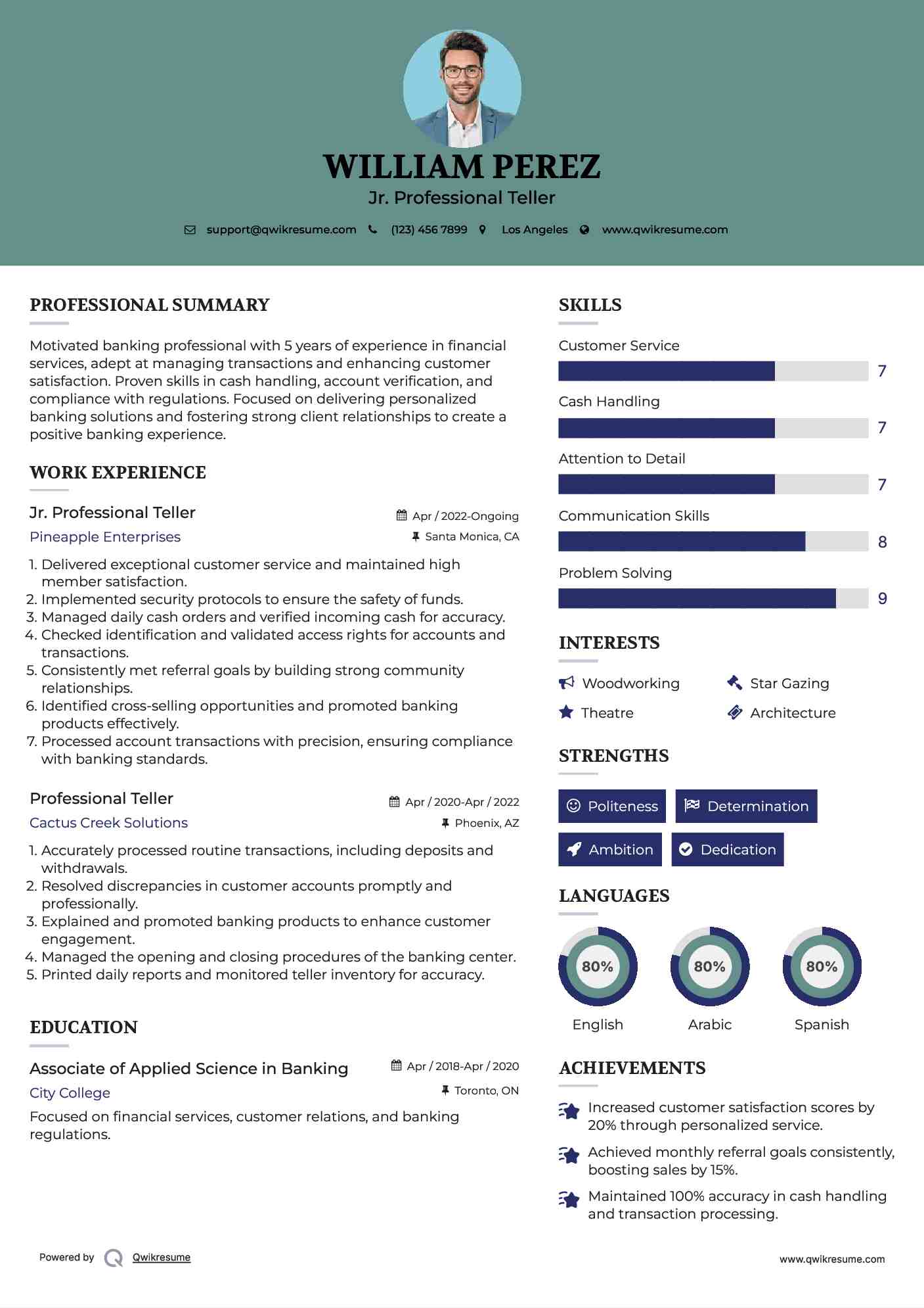 Jr. Professional Teller Resume Example