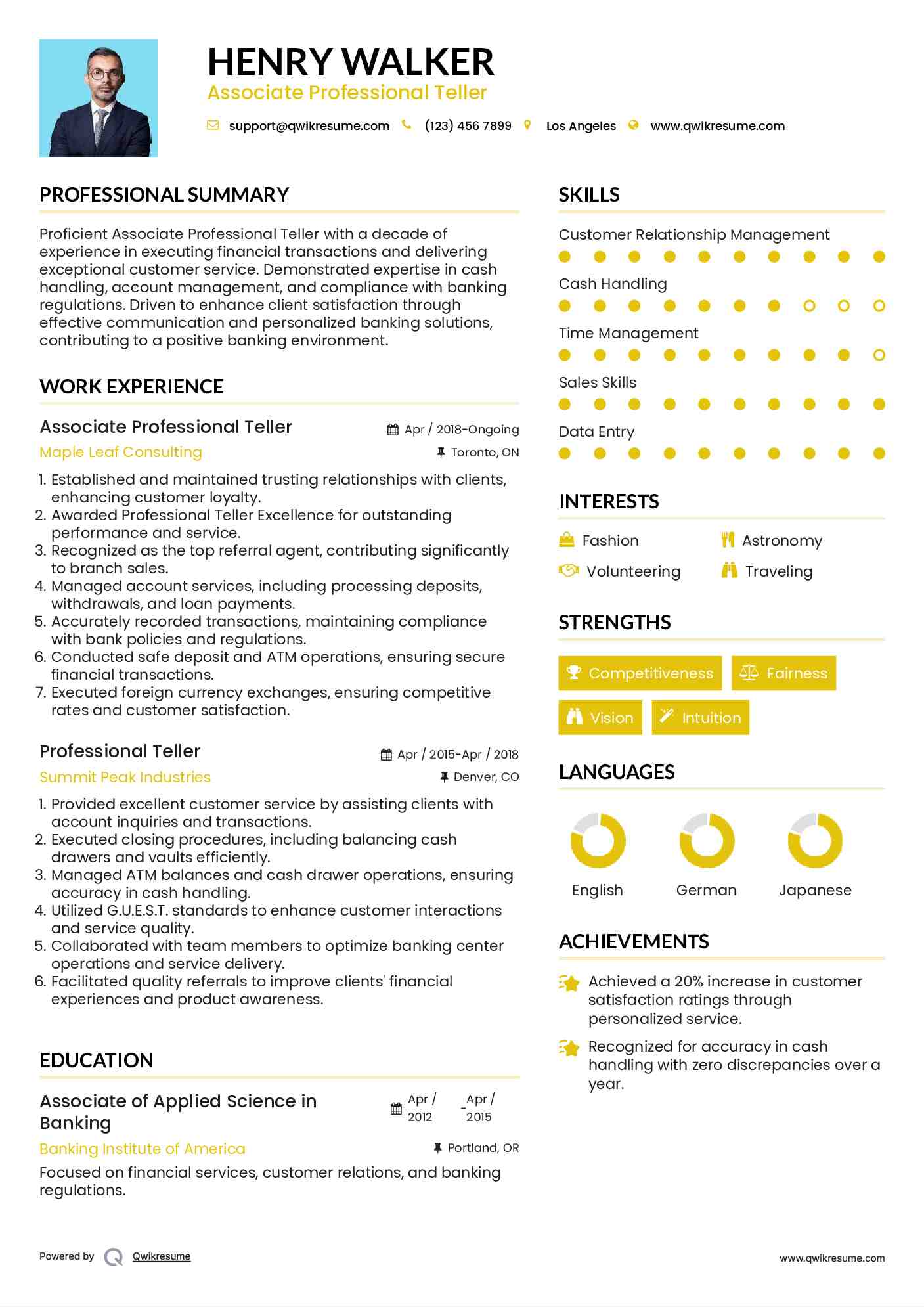 Associate Professional Teller Resume Sample