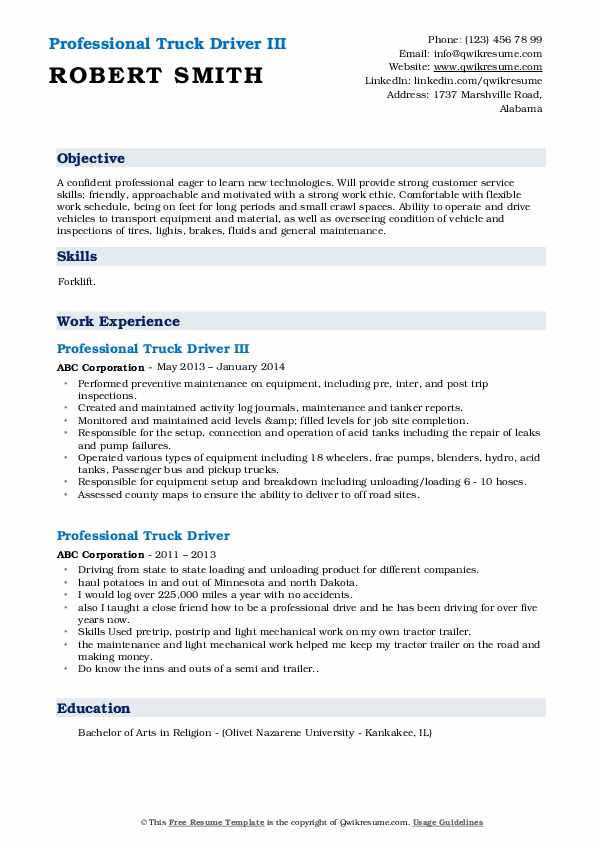 Professional Truck Driver Resume Samples QwikResume