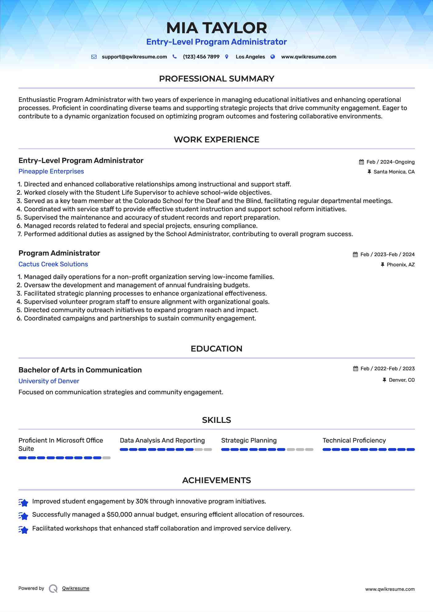 Entry-Level Program Administrator Resume Model