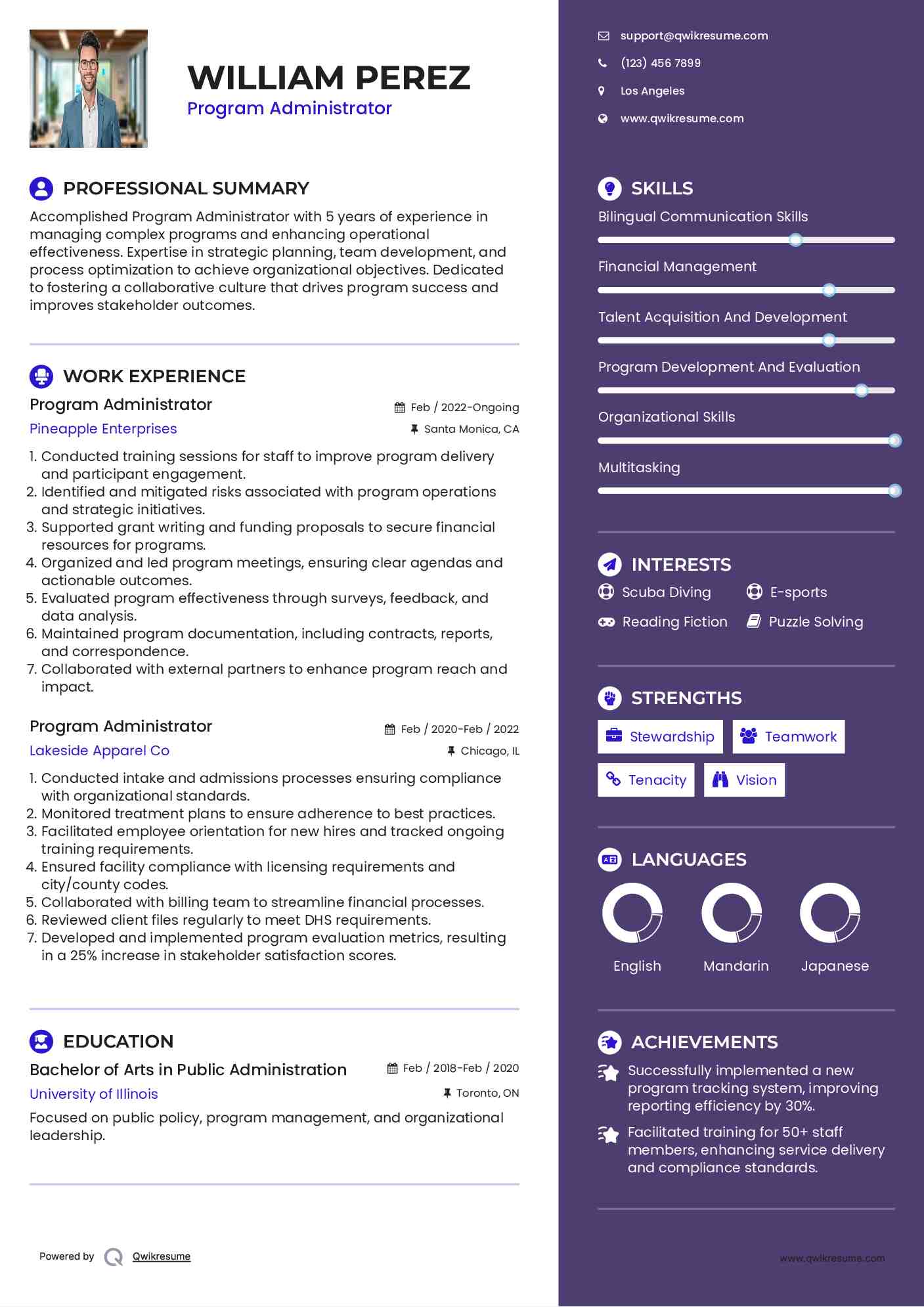 Program Administrator Resume Samples QwikResume