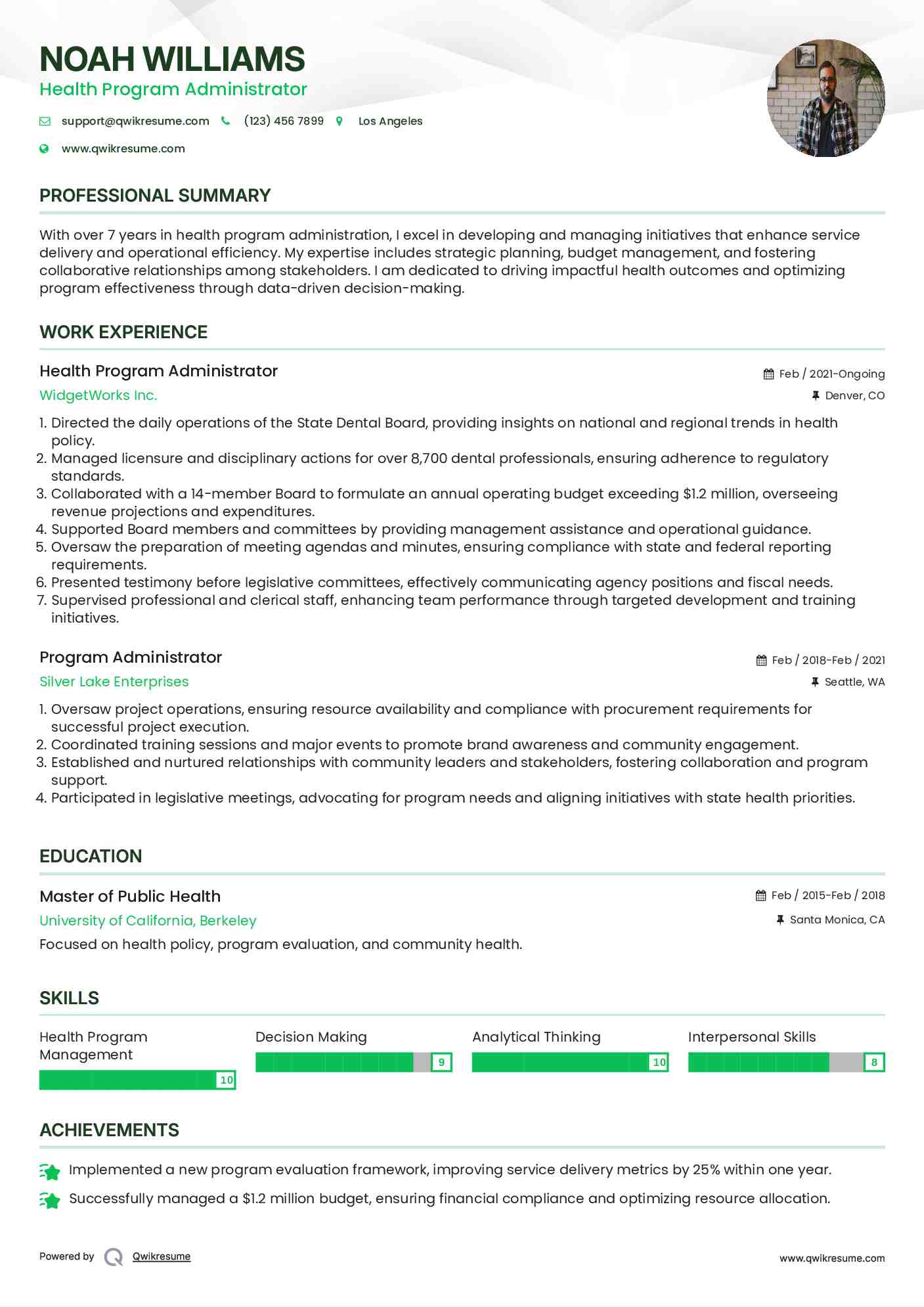 Health Program Administrator Resume Template