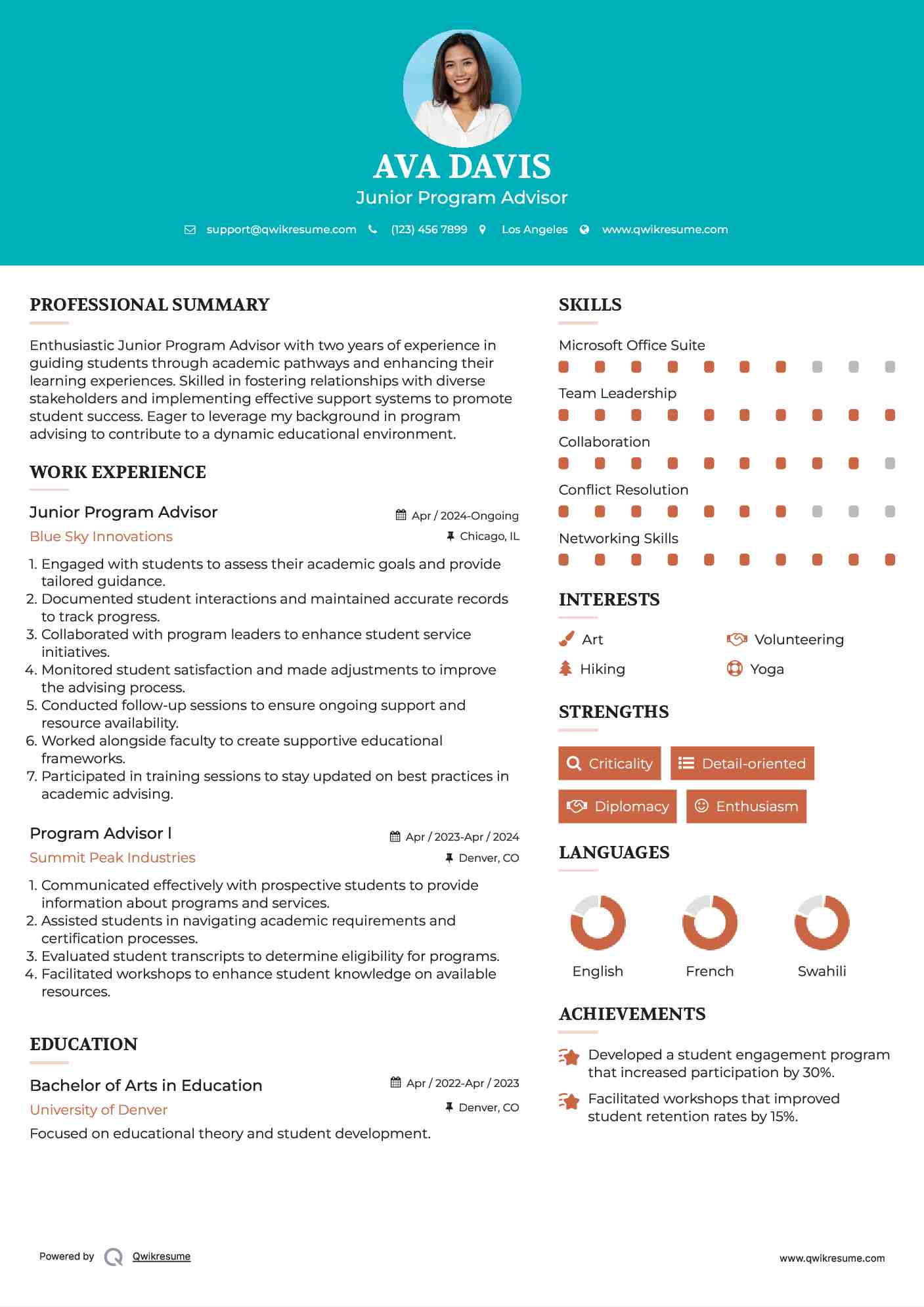 Junior Program Advisor Resume Model