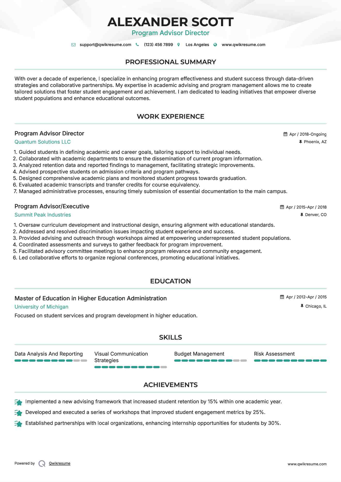 Program Advisor Director Resume Model