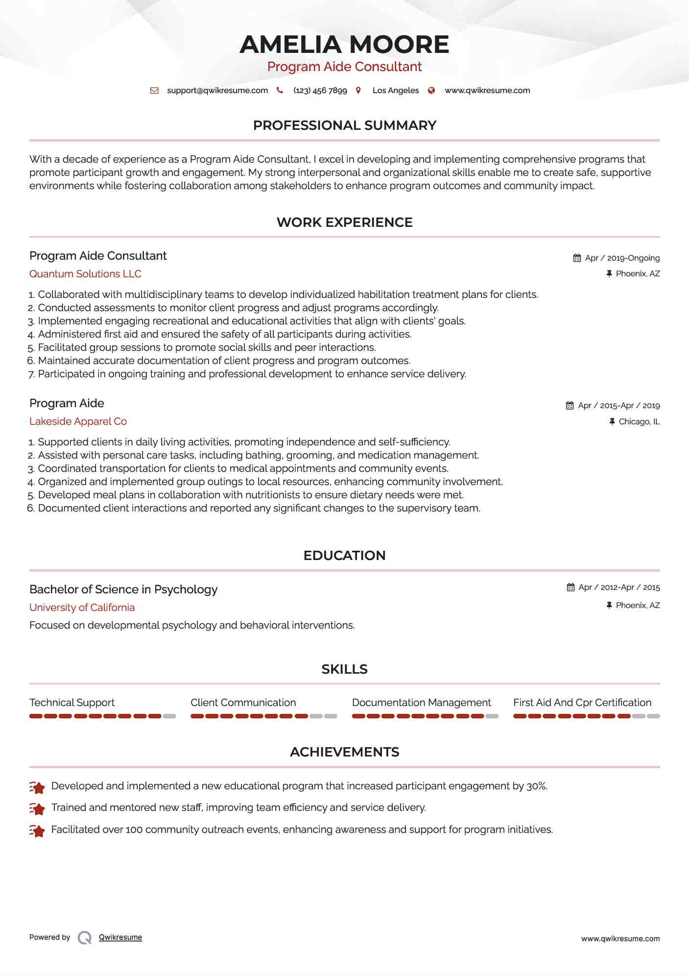 Program Aide Consultant Resume Model