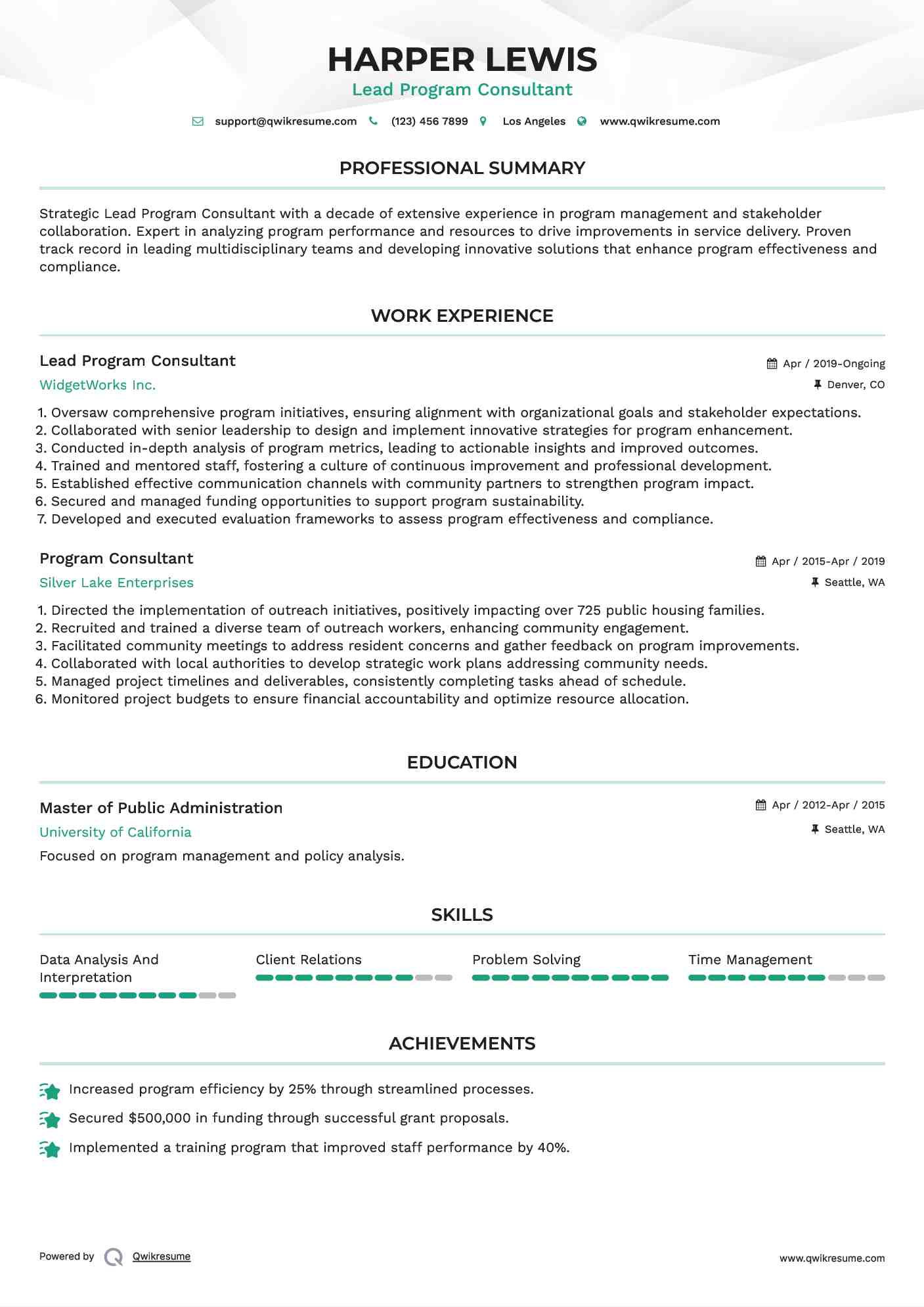Lead Program Consultant Resume Model